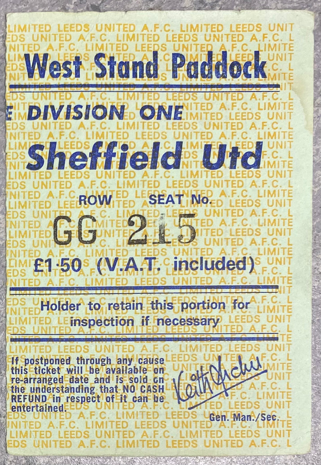 1975/76 ORIGINAL DIVISION ONE TICKET LEEDS UNITED V SHEFFIELD UNITED