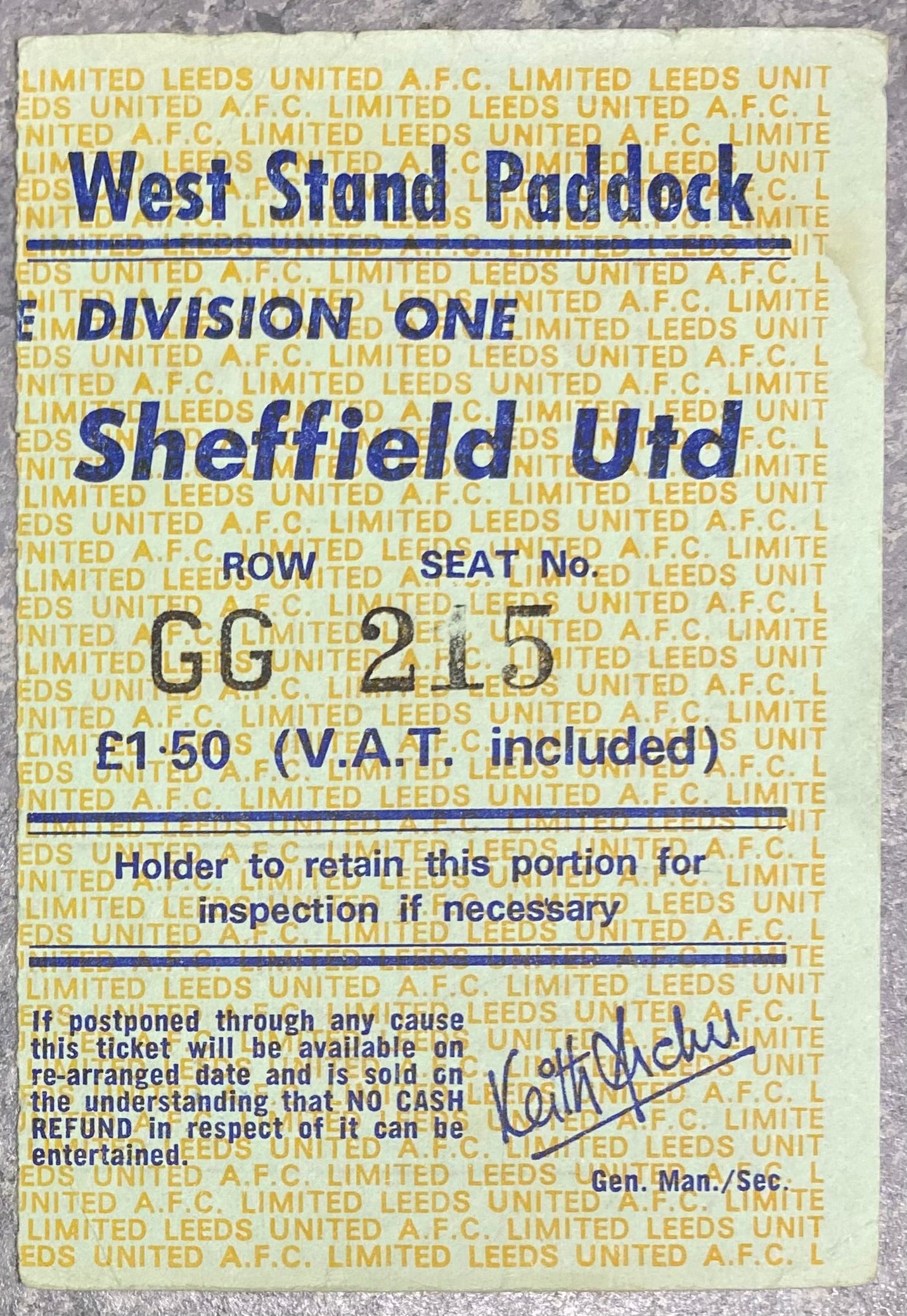 1975/76 ORIGINAL DIVISION ONE TICKET LEEDS UNITED V SHEFFIELD UNITED