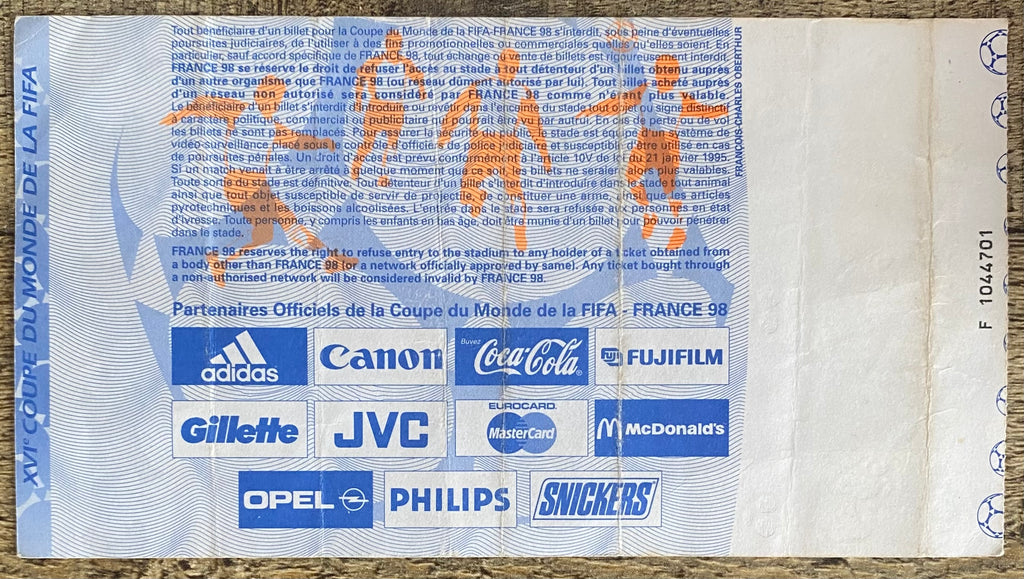 1998 ORIGINAL WORLD CUP 1ST ROUND TICKET ENGLAND V COLOMBIA @ LENS