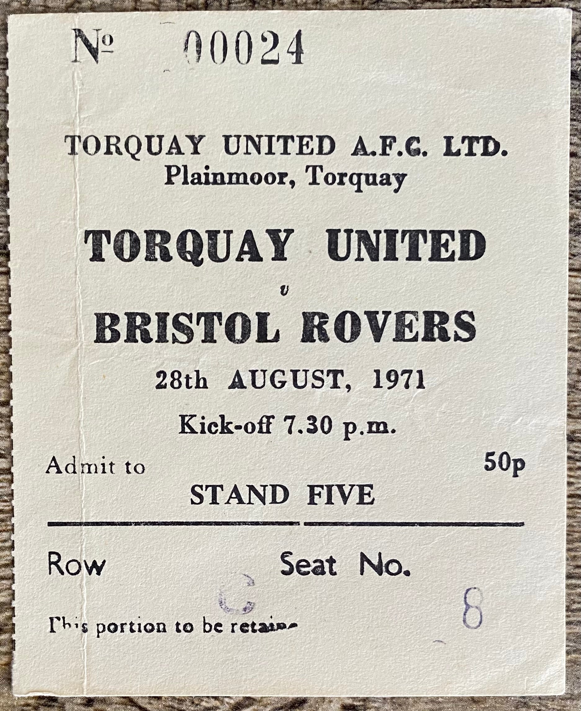 1971/72  ORIGINAL DIVISION 3 TICKET TORQUAY UNITED V BRISTOL ROVERS