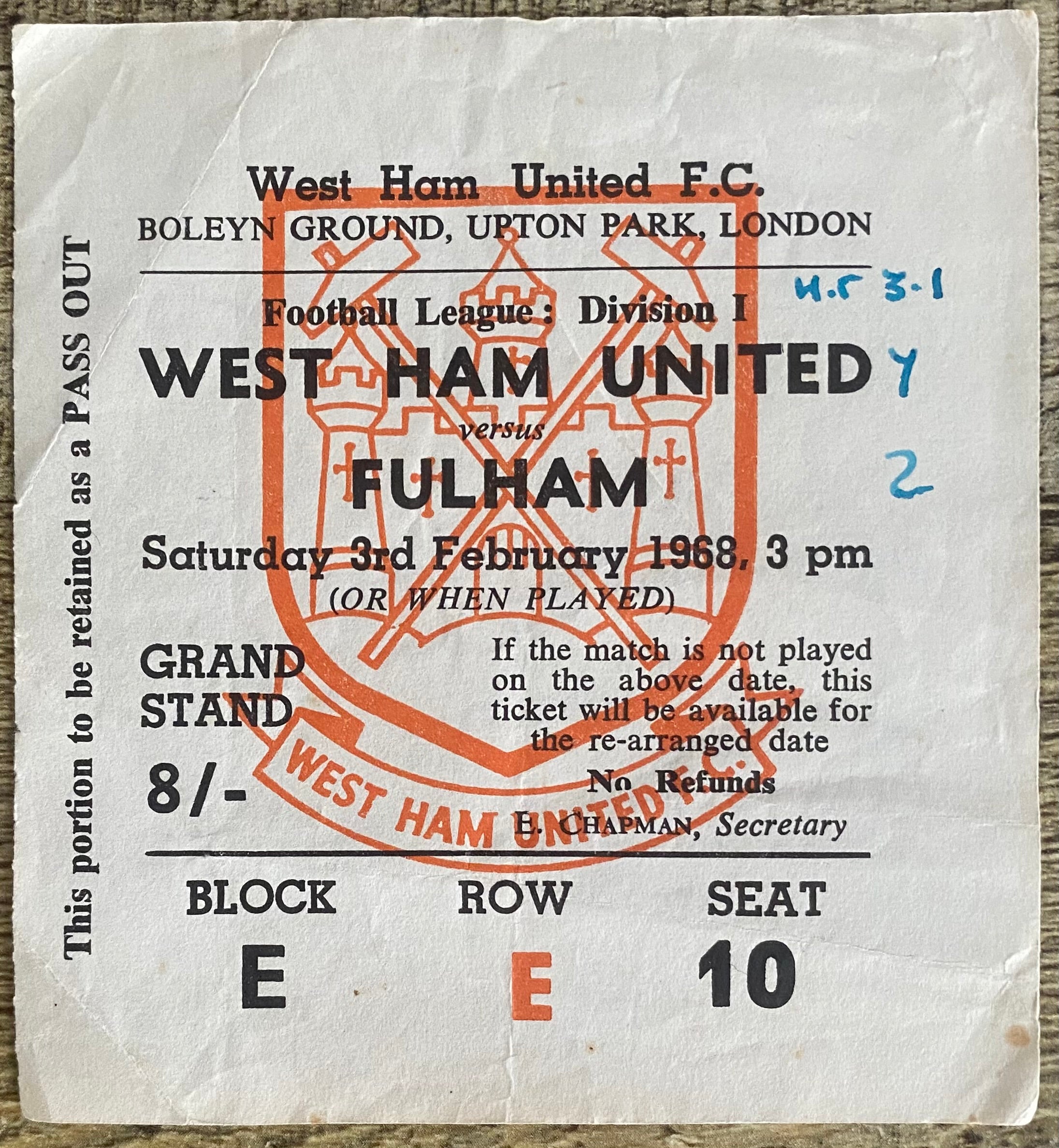 1967/68 ORIGINAL DIVISION 1 TICKET WEST HAM UNITED V FULHAM