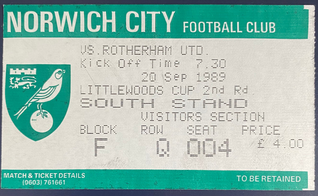 1989/90 ORIGINAL LITTLEWOODS CUP 2ND ROUND 1ST LEG TICKET NORWICH CITY V ROTHERHAM UNITED