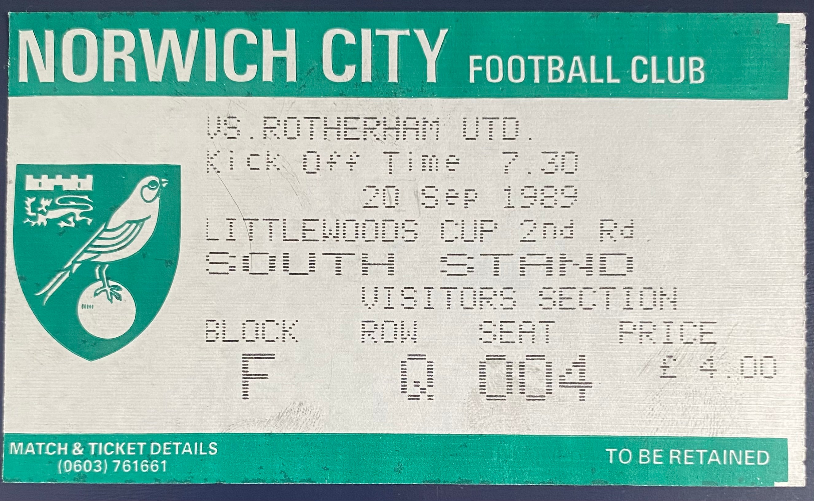 1989/90 ORIGINAL LITTLEWOODS CUP 2ND ROUND 1ST LEG TICKET NORWICH CITY V ROTHERHAM UNITED
