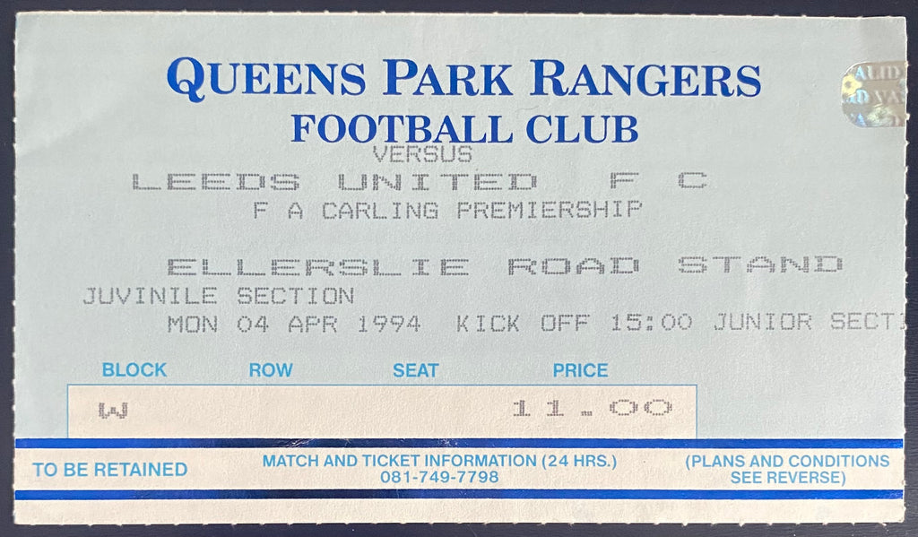 1993/94 ORIGINAL FA PREMIERSHIP TICKET QUEENS PARK RANGERS V LEEDS UNITED