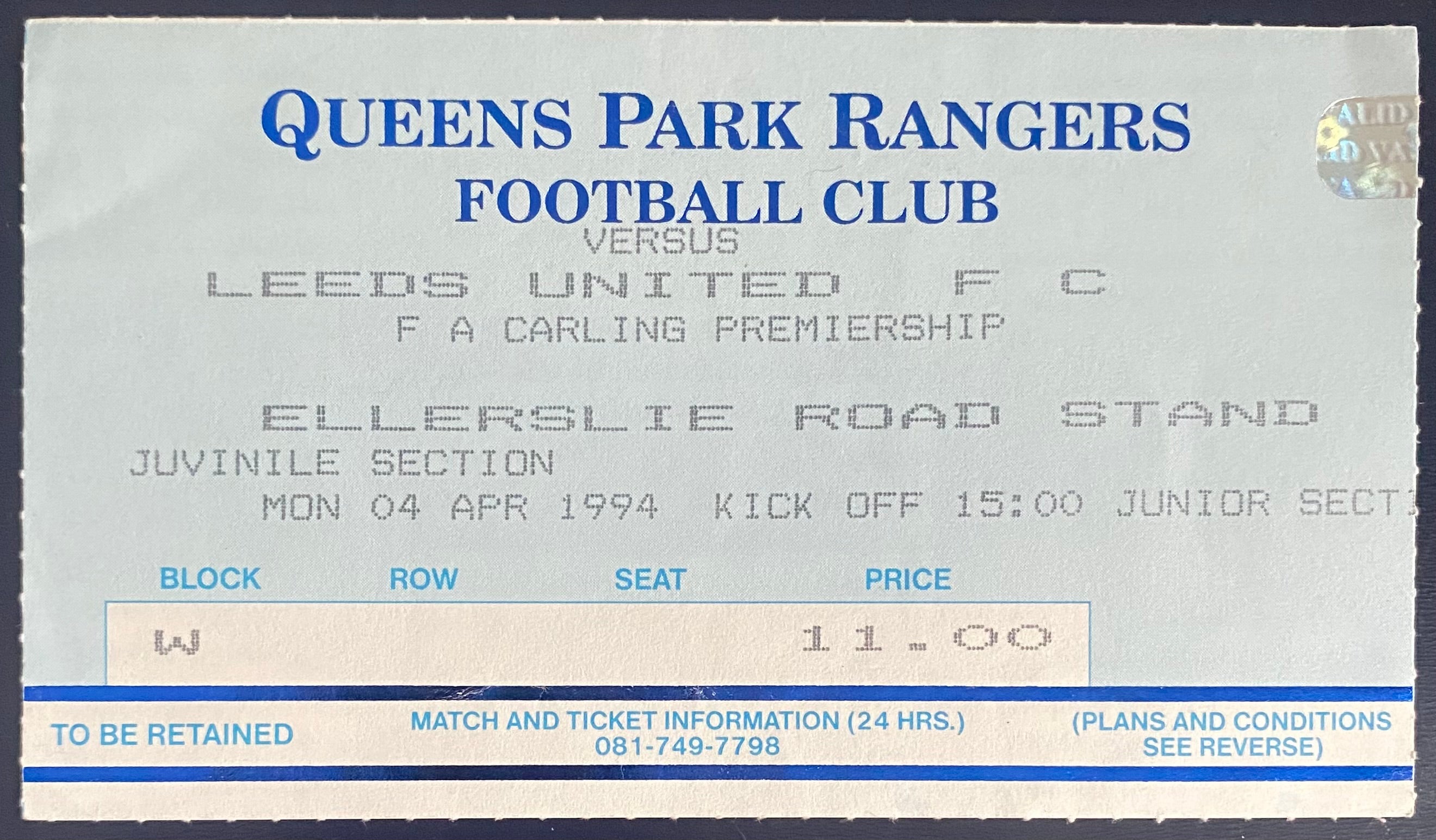 1993/94 ORIGINAL FA PREMIERSHIP TICKET QUEENS PARK RANGERS V LEEDS UNITED