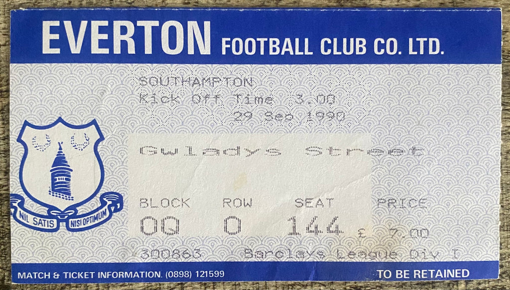 1990/91 ORIGINAL DIVISION ONE TICKET EVERTON V SOUTHAMPTON + GUEST CARD