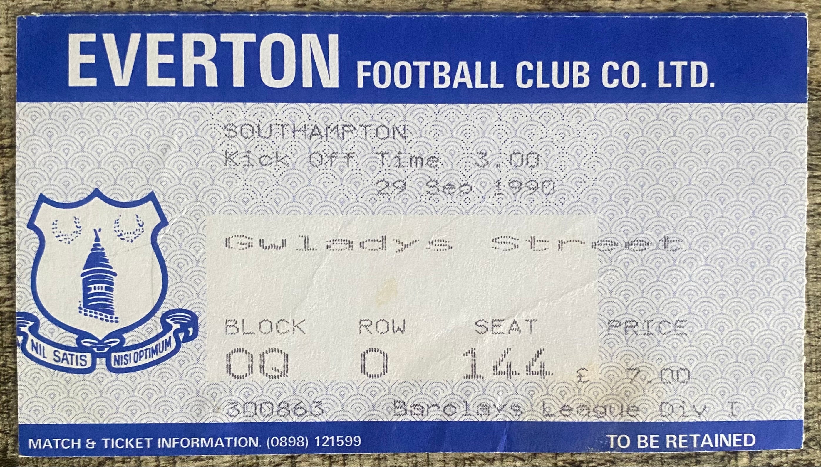 1990/91 ORIGINAL DIVISION ONE TICKET EVERTON V SOUTHAMPTON + GUEST CARD