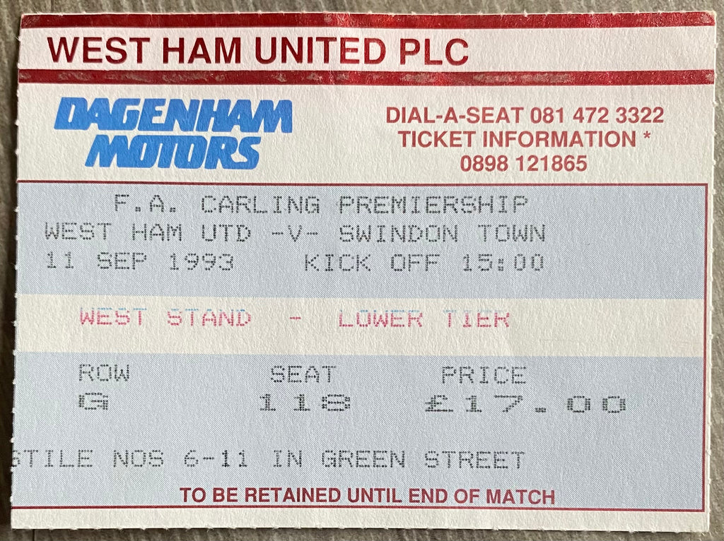 1993/94 ORIGINAL FA PREMIERSHIP TICKET WEST HAM UNITED V SWINDON TOWN