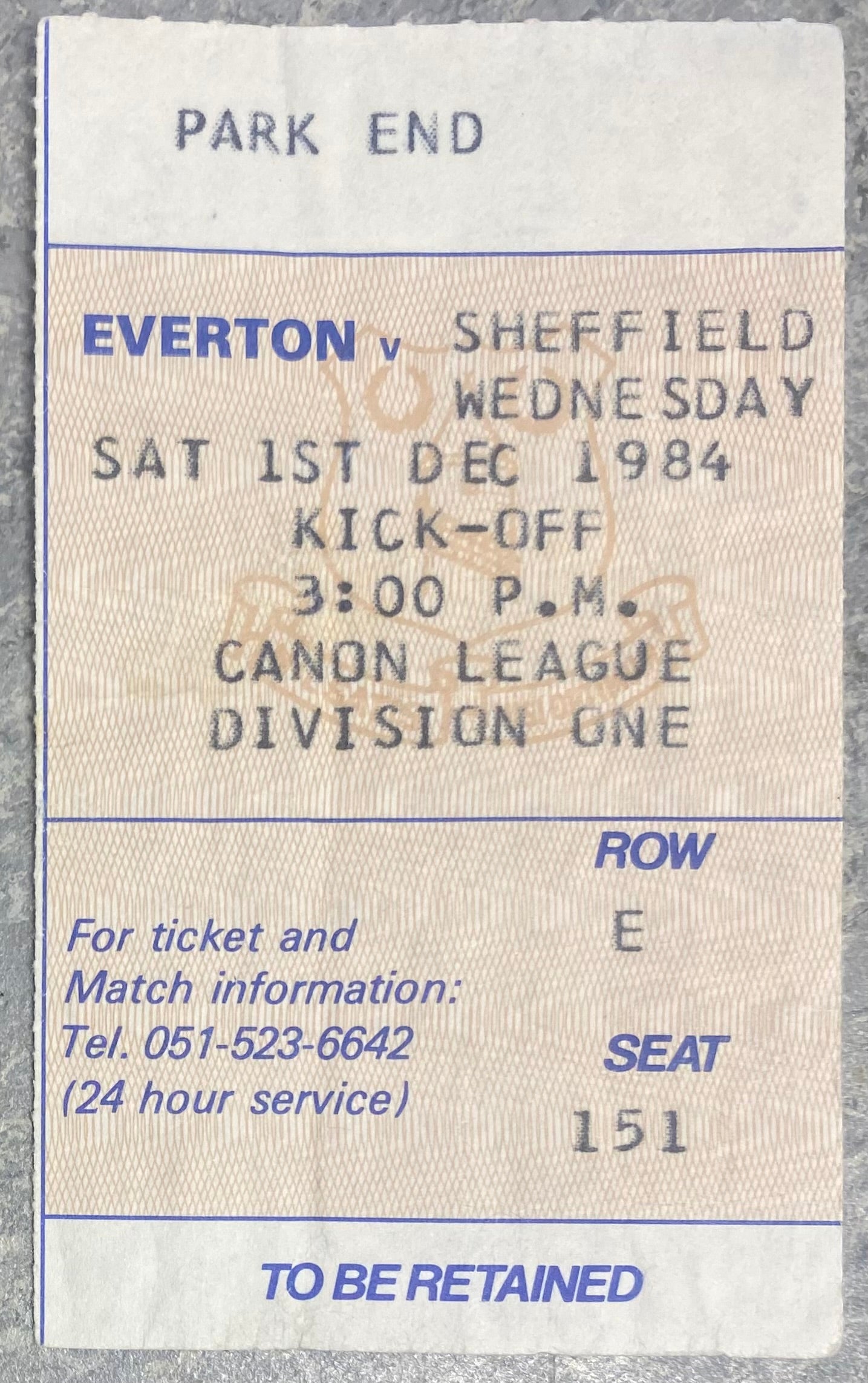 1984/85 ORIGINAL DIVISION ONE TICKET EVERTON V SHEFFIELD WEDNESDAY