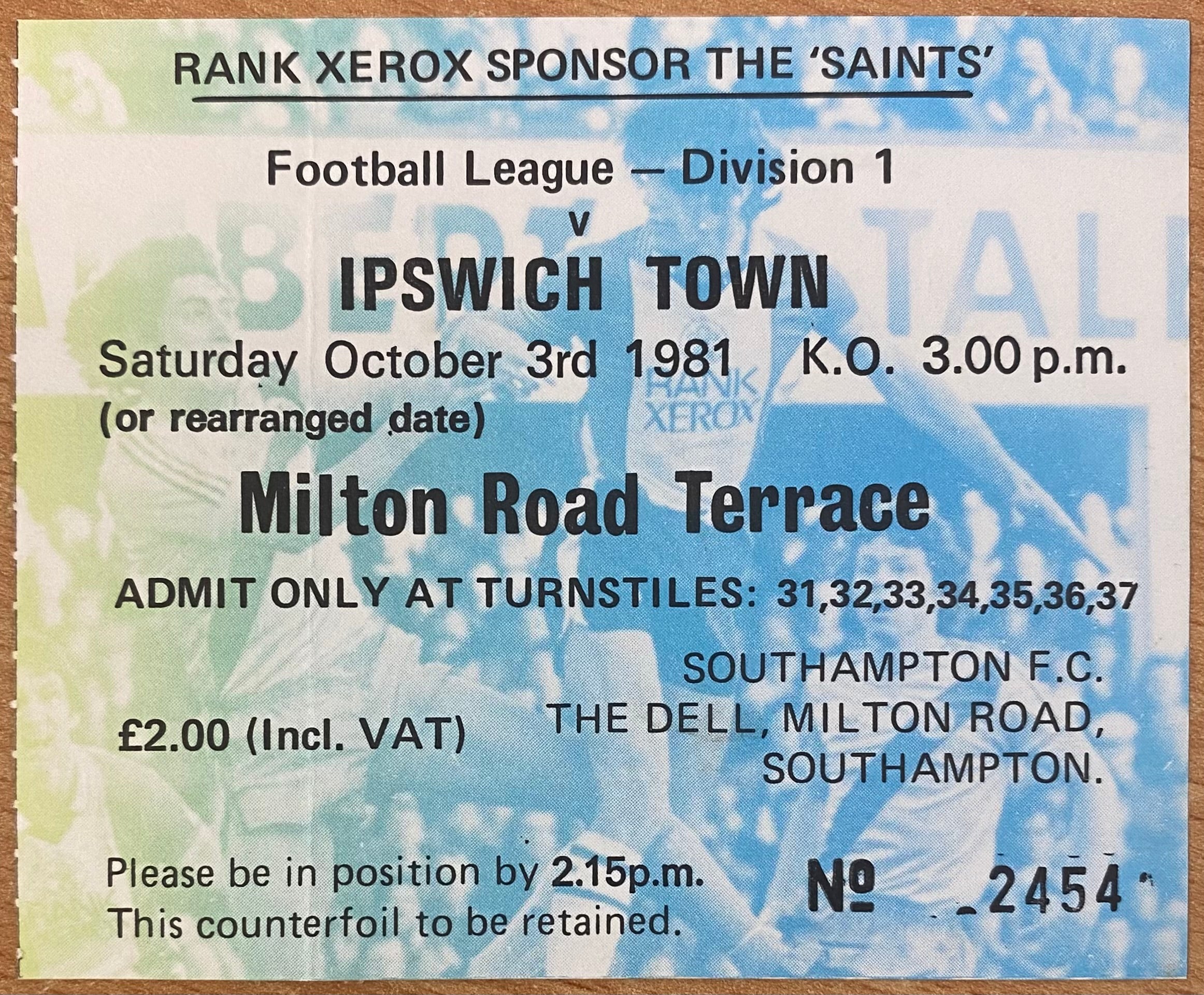 1981/82 ORIGINAL DIVISION ONE TICKET SOUTHAMPTON V IPSWICH TOWN
