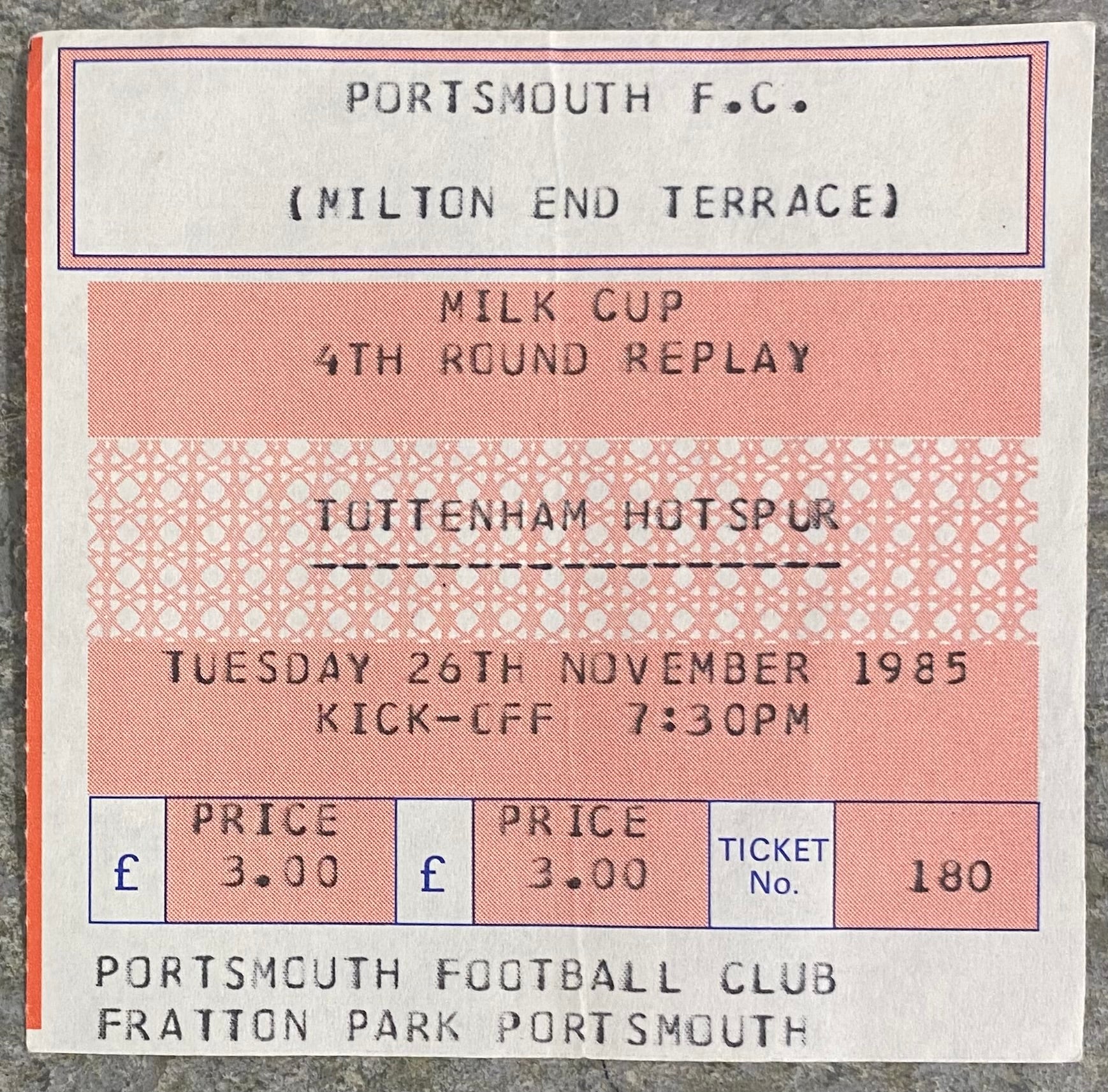 1985/86 ORIGINAL LEAGUE CUP 4TH ROUND REPLAY TICKET PORTSMOUTH V TOTTENHAM HOTSPUR