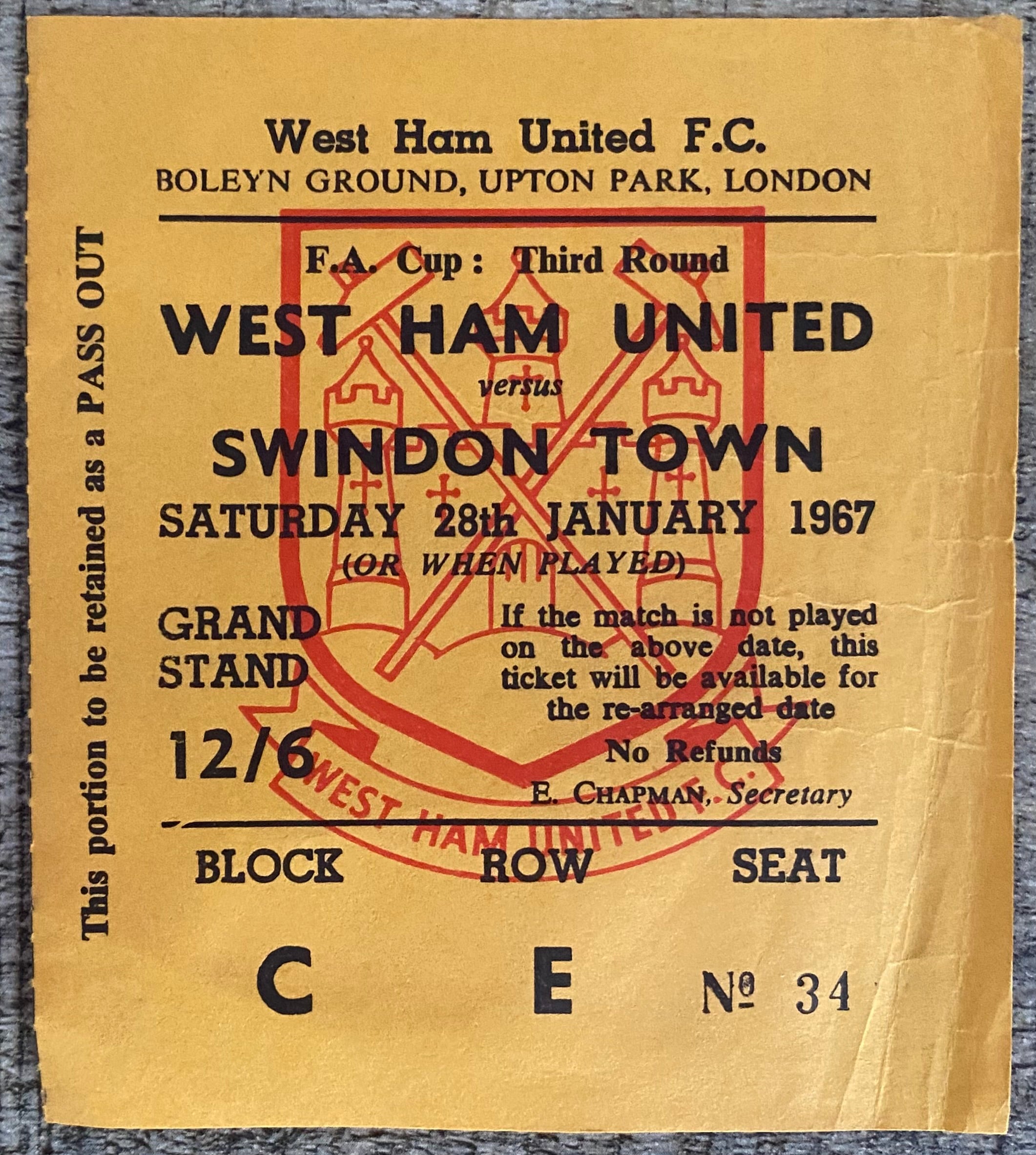 1966/67 ORIGINAL FA CUP 3RD ROUND TICKET WEST HAM UNITED V SWINDON TOWN