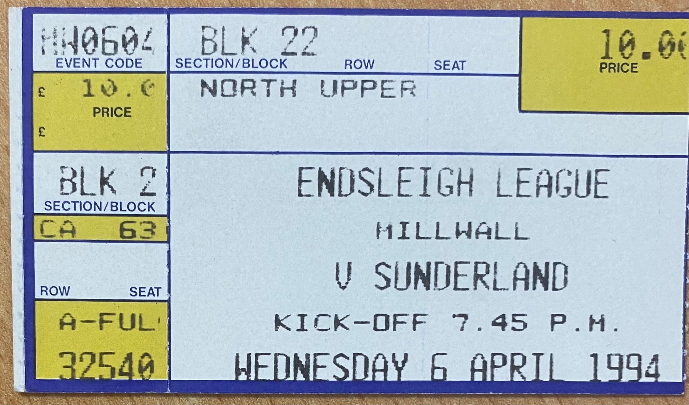 1993/94 ORIGINAL DIVISION 1 TICKET MILLWALL V SUNDERLAND