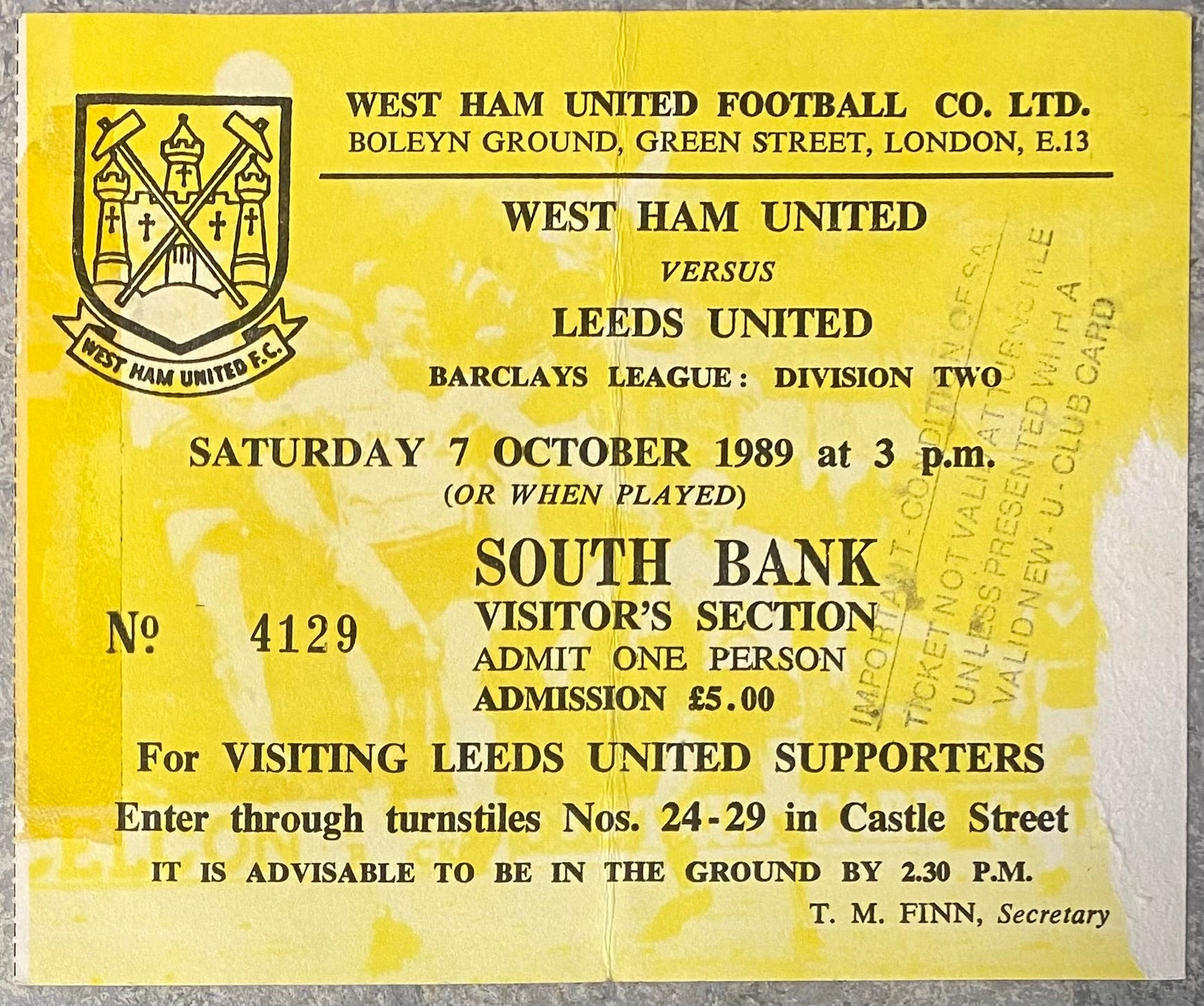 1989/90 ORIGINAL DIVISION TWO TICKET WEST HAM UNITED V LEEDS UNITED