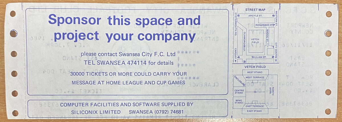 1986/87 ORIGINAL WELSH CUP 1ST ROUND TICKET SWANSEA CITY V NEWPORT COUNTY