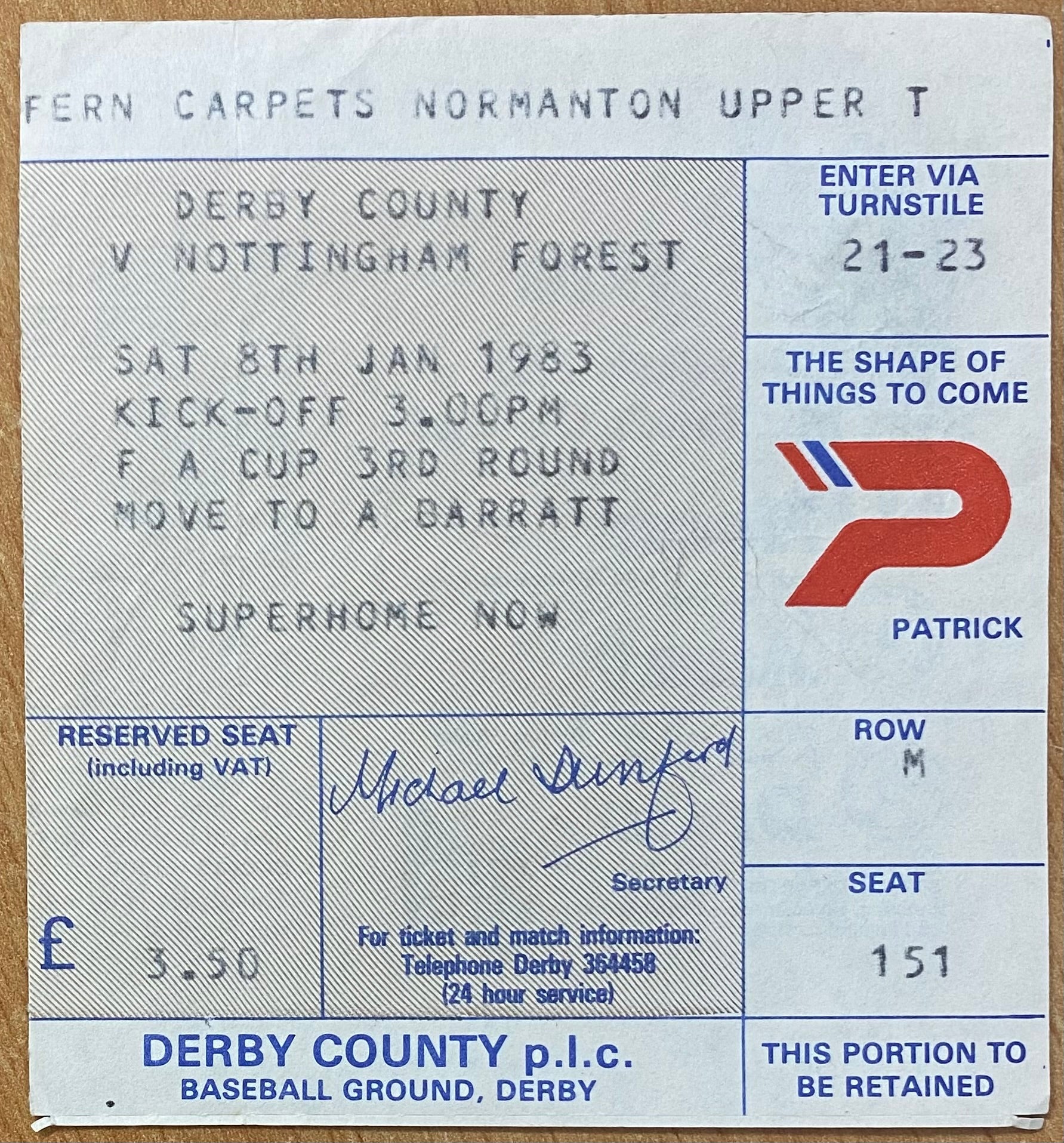 1982/83 ORIGINAL FA CUP 3RD ROUND TICKET DERBY COUNTY V NOTTINGHAM FOREST