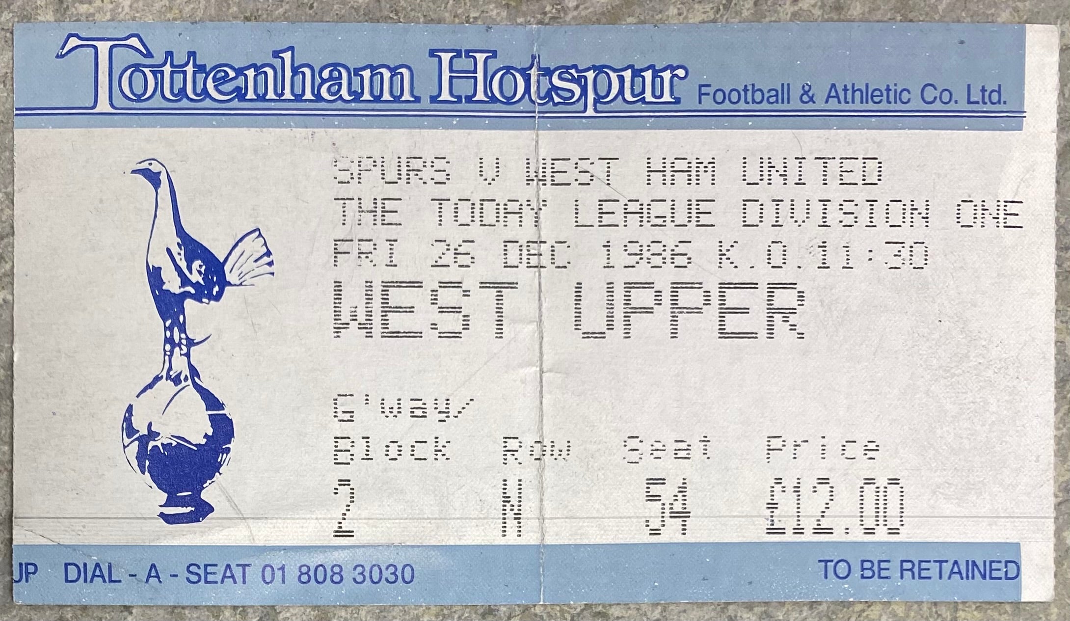 1986/87 ORIGINAL DIVISION ONE TICKET TOTTENHAM HOTSPUR V WEST HAM UNITED
