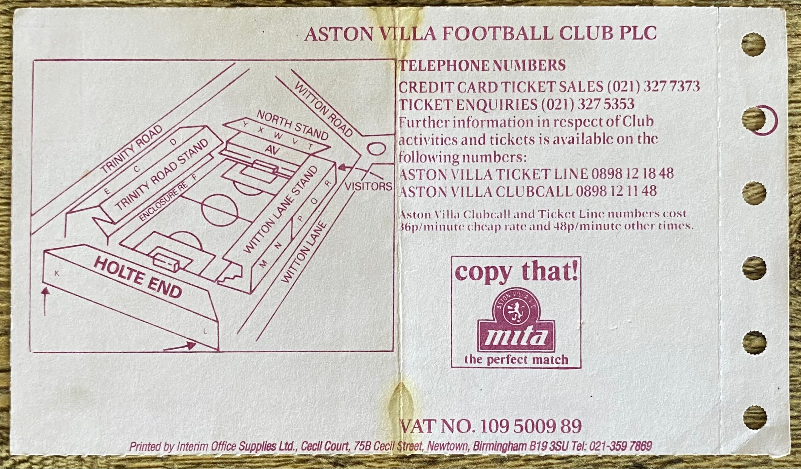 1992/93 ORIGINAL PREMIER LEAGUE TICKET ASTON VILLA V TOTTENHAM HOTSPUR