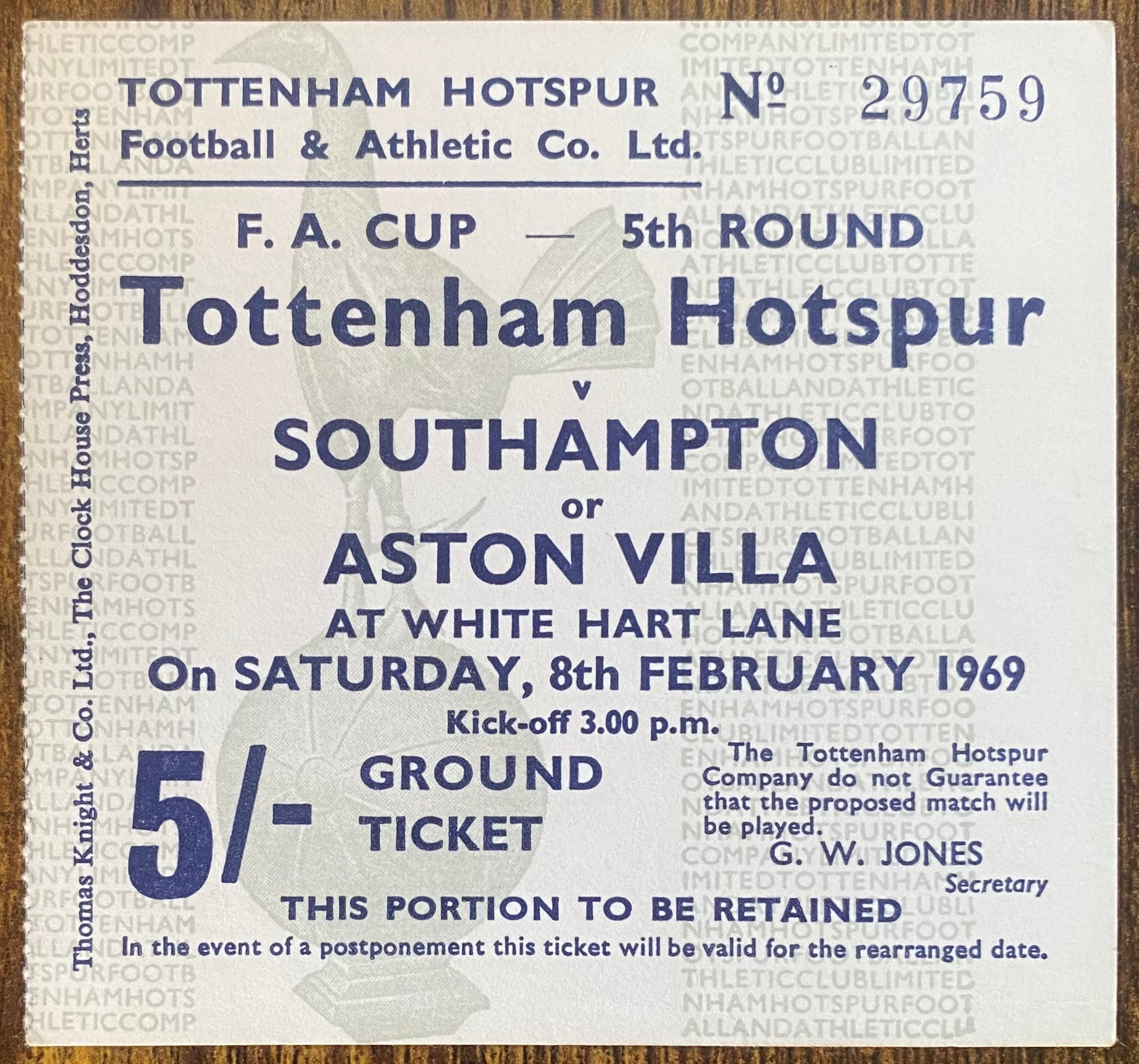 1968/69 ORIGINAL FA CUP 5TH ROUND TICKET TOTTENHAM HOTSPUR V ASTON VILLA