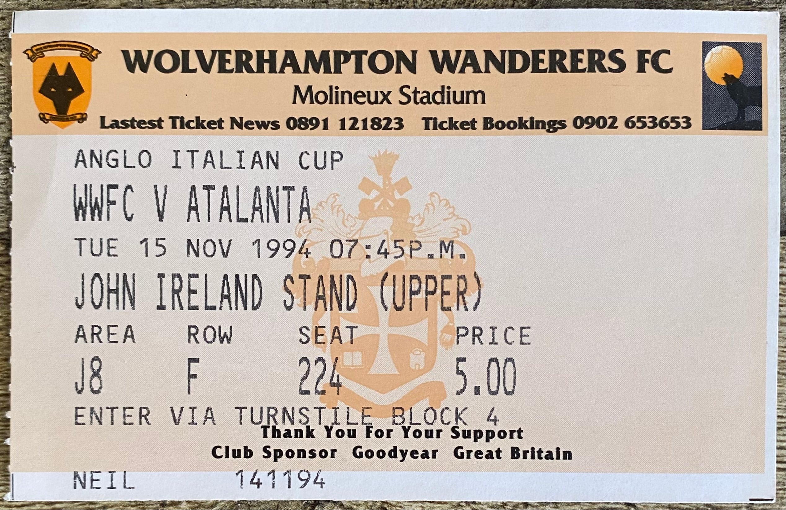 1994/95 ORIGINAL ANGLO ITALIAN CUP TICKET WOLVERHAMPTON WANDERERS V ATALANTA