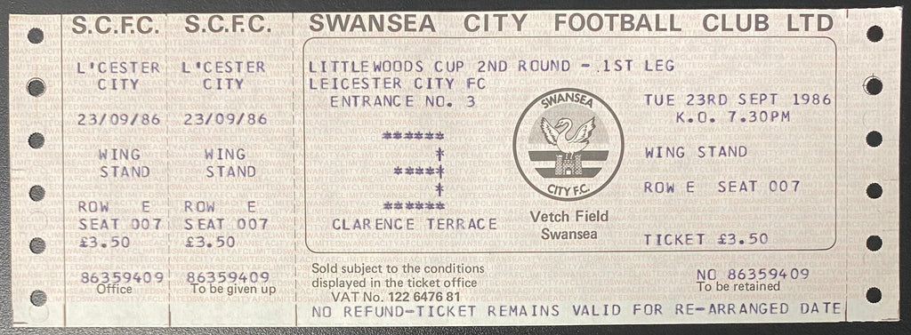 1986/87 ORIGINAL LITTLEWOODS CUP 2ND ROUND 1ST LEG UNUSED TICKET SWANSEA CITY V LEICESTER CITY