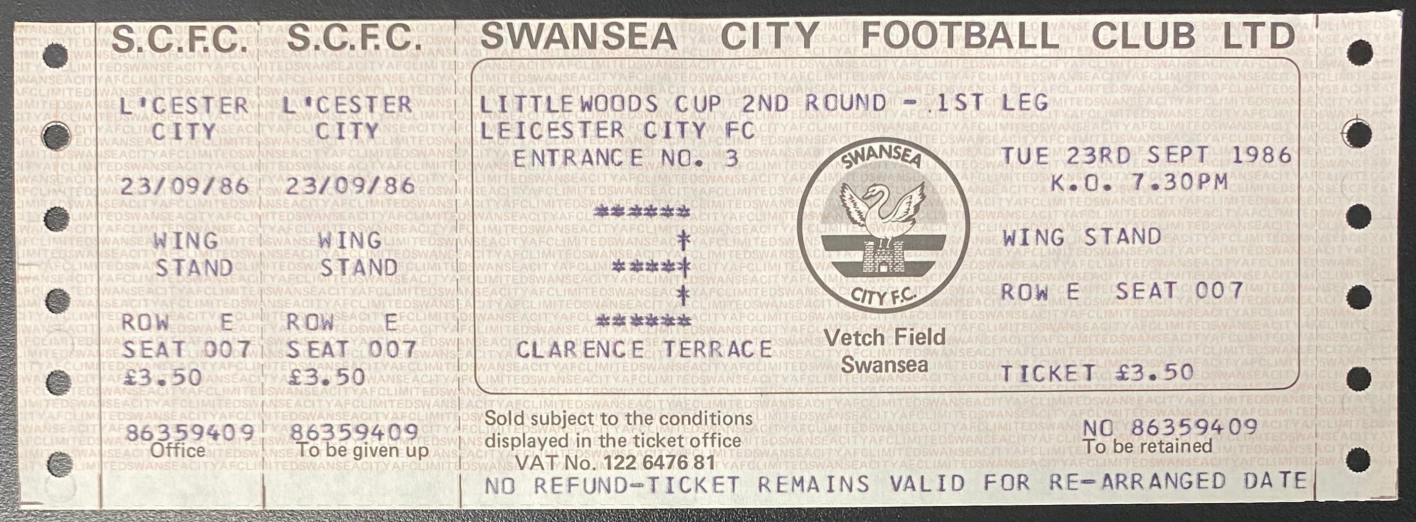 1986/87 ORIGINAL LITTLEWOODS CUP 2ND ROUND 1ST LEG UNUSED TICKET SWANSEA CITY V LEICESTER CITY