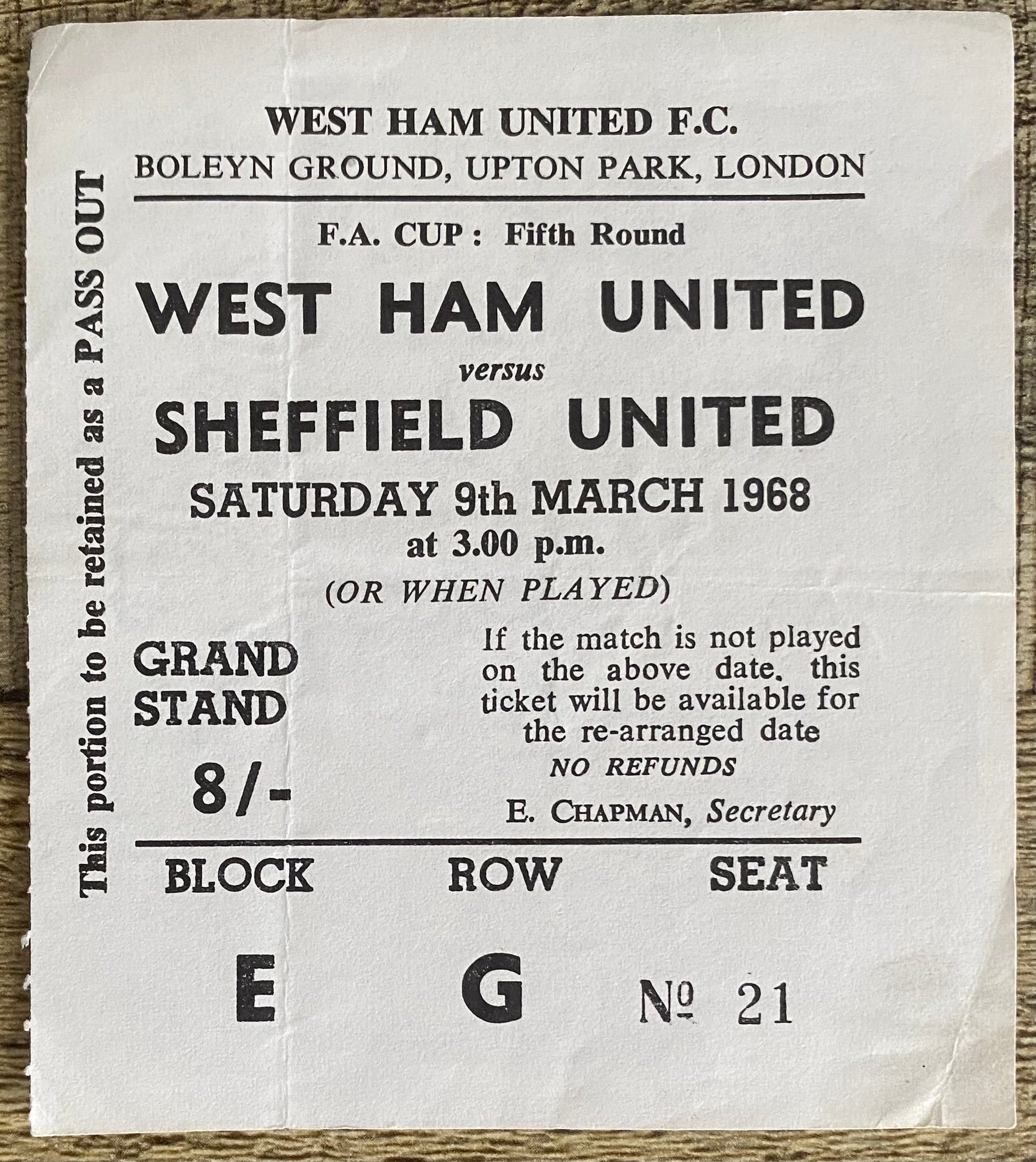 1967/68 ORIGINAL FA CUP 5TH ROUND TICKET WEST HAM UNITED V SHEFFIELD UNITED