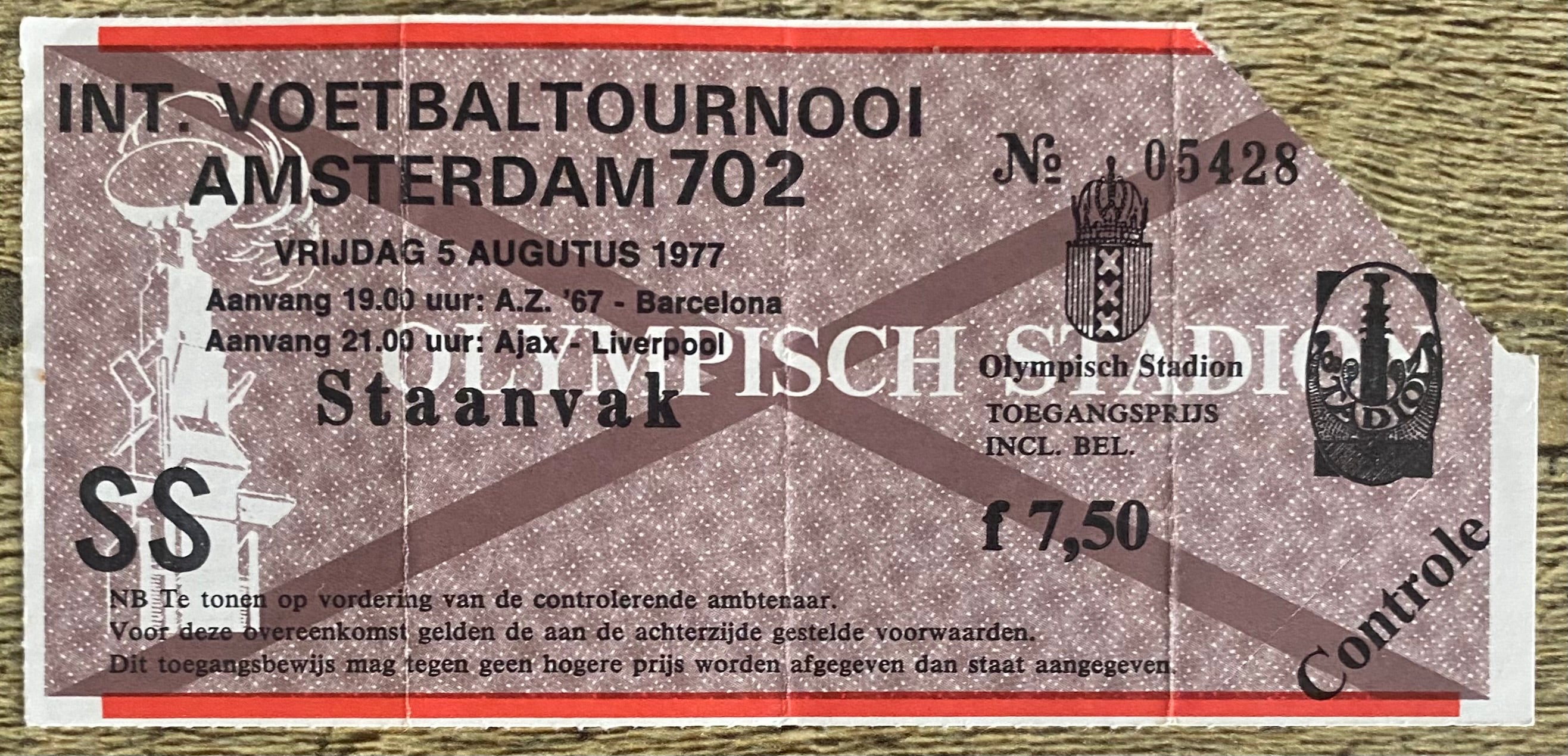 1977 ORIGINAL AMSTERDAM PRE SEASON TOURNAMENT SEMI FINAL TICKET LIVERPOOL V AJAX AND AZ 67 V BARCELONA