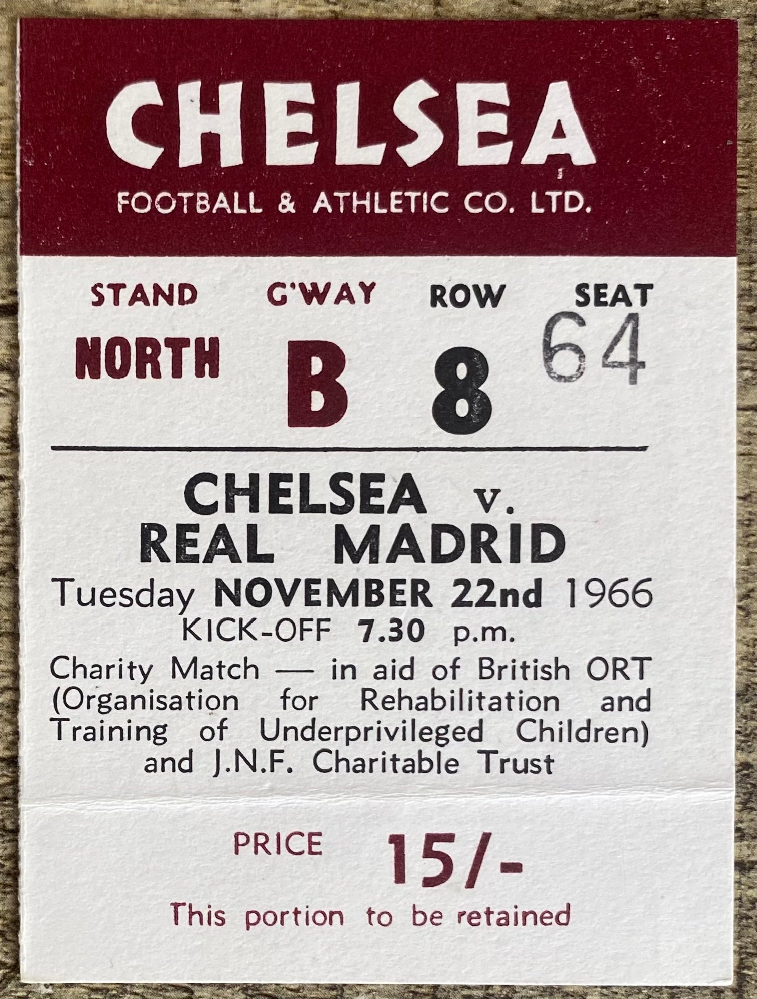1966/67 ORIGINAL FRIENDLY CHARITY MATCH TICKET CHELSEA V REAL MADRID