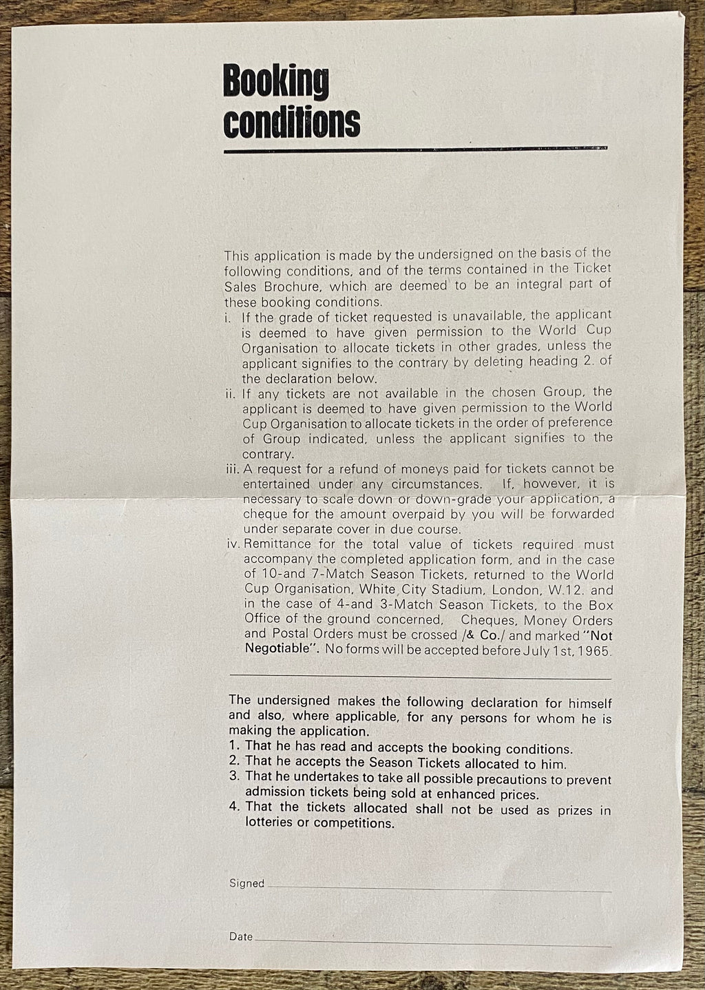 1966 WORLD CUP ORIGINAL OFFICIAL TICKET APPLICATION FORM