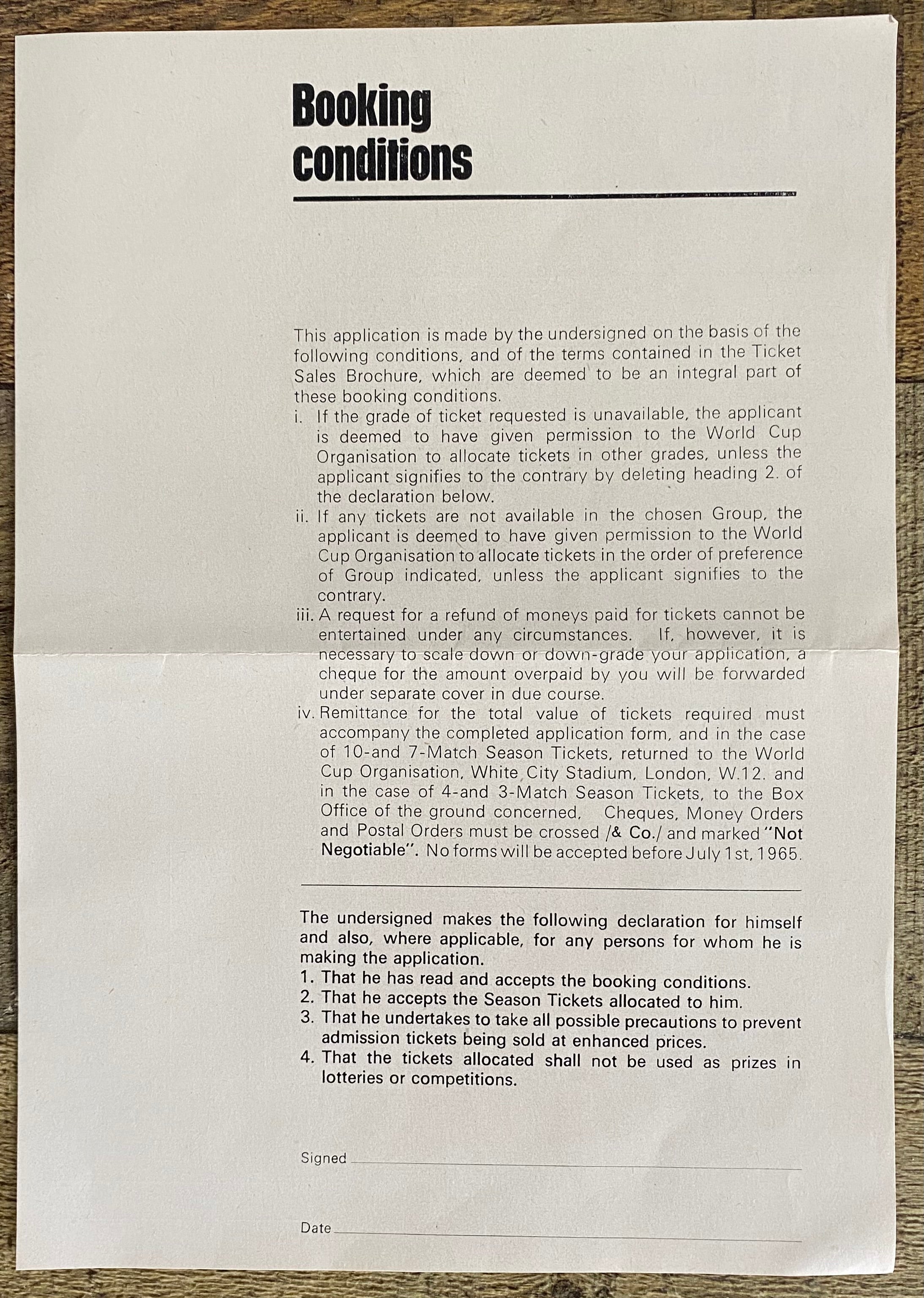1966 WORLD CUP ORIGINAL OFFICIAL TICKET APPLICATION FORM