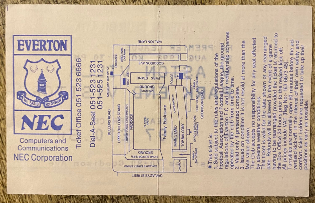 1992/93 ORIGINAL PREMIER LEAGUE TICKET EVERTON V ASTON VILLA