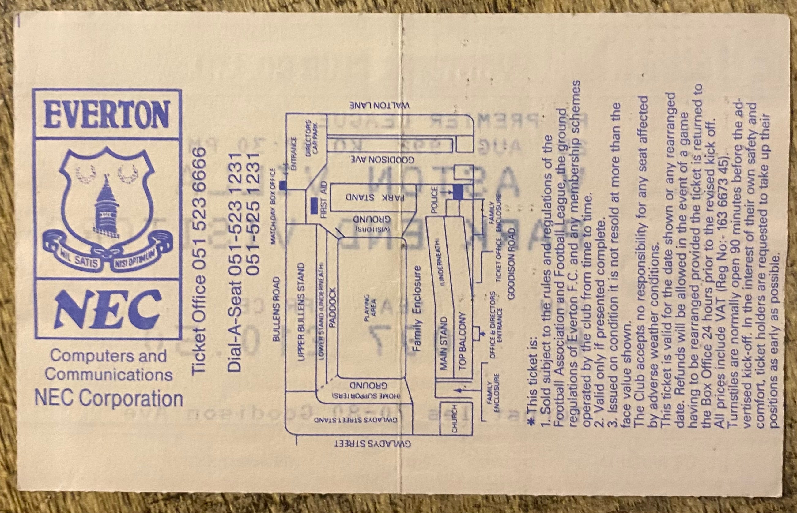 1992/93 ORIGINAL PREMIER LEAGUE TICKET EVERTON V ASTON VILLA