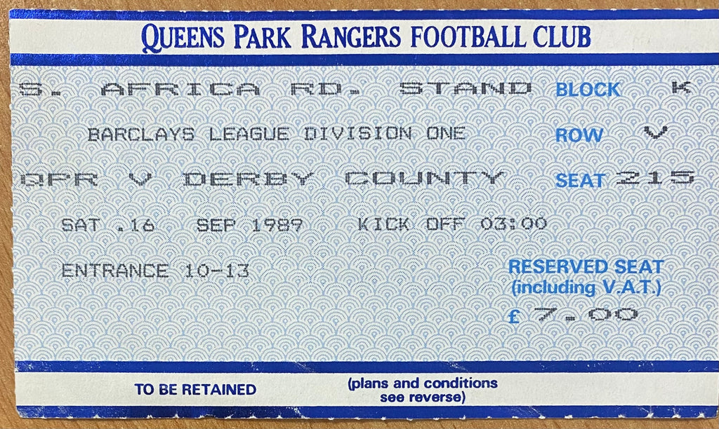 1989/90 ORIGINAL DIVISION 1 TICKET QUEENS PARK RANGERS V DERBY COUNTY