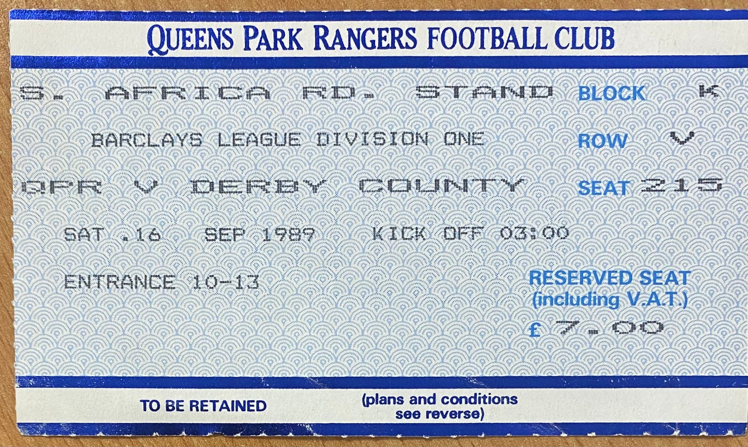 1989/90 ORIGINAL DIVISION 1 TICKET QUEENS PARK RANGERS V DERBY COUNTY