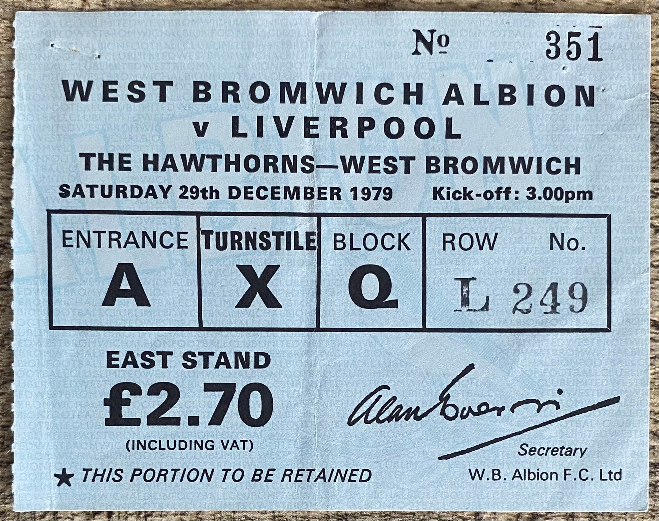 1979/80 ORIGINAL DIVISION 1 TICKET WEST BROMWICH ALBION V LIVERPOOL