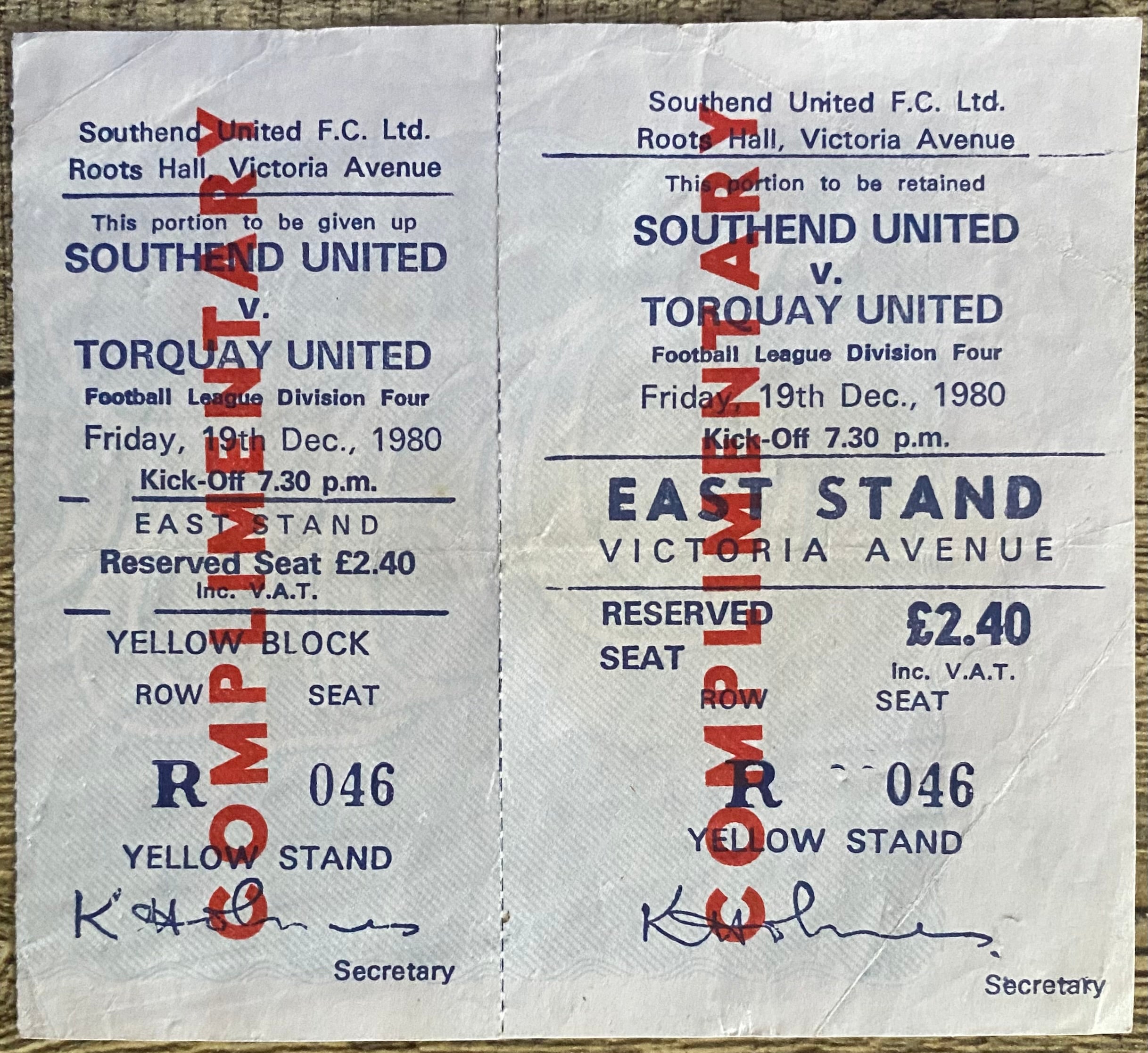 1980/81 ORIGINAL DIVISION 4 UNUSED TICKET SOUTHEND UNITED V TORQUAY UNITED