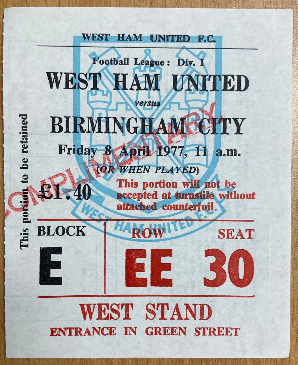 1976/77 ORIGINAL DIVISION ONE TICKET WEST HAM UNITED V BIRMINGHAM CITY