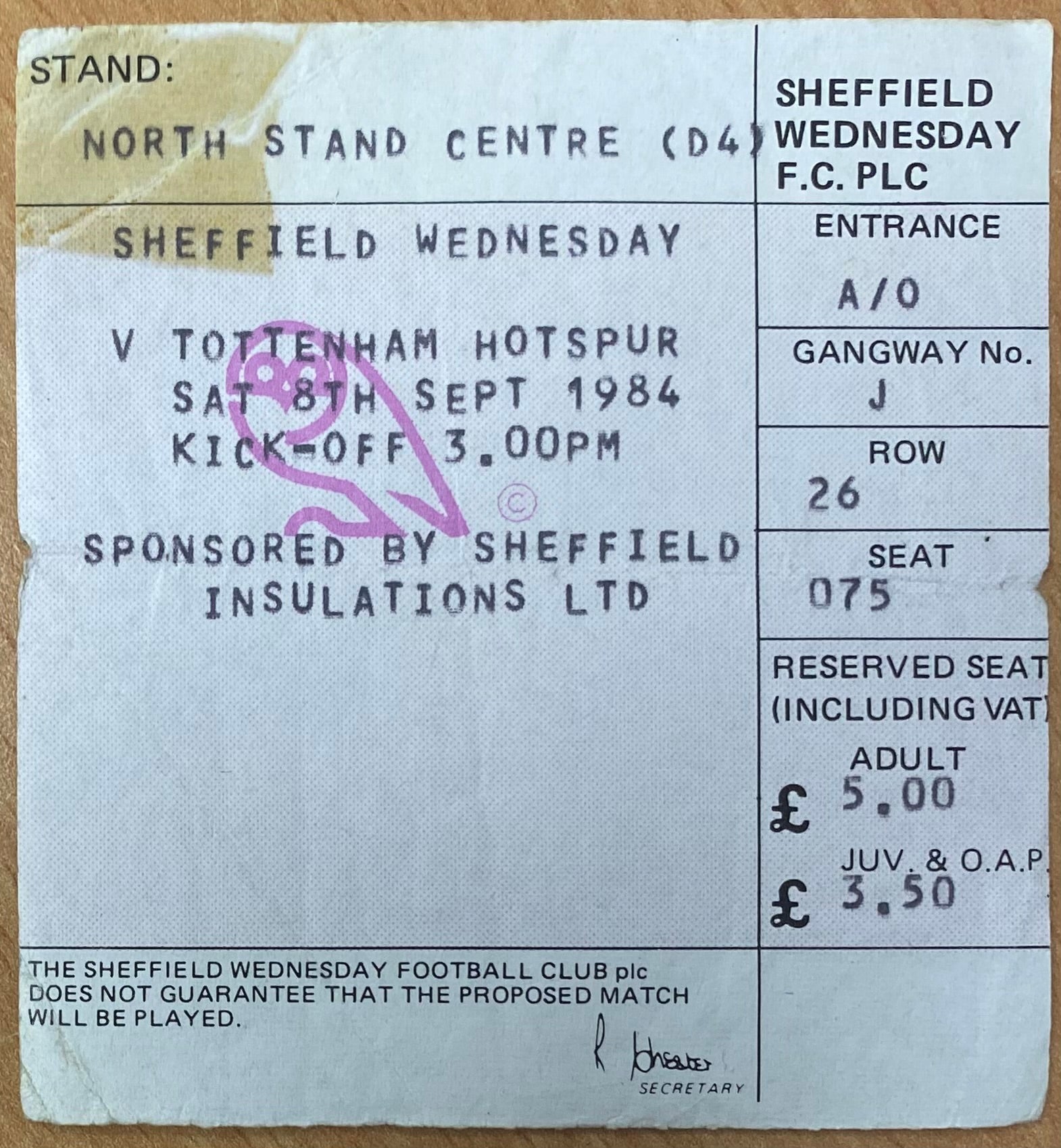 1984/85 ORIGINAL DIVISION ONE TICKET SHEFFIELD WEDNESDAY V TOTTENHAM HOTSPUR