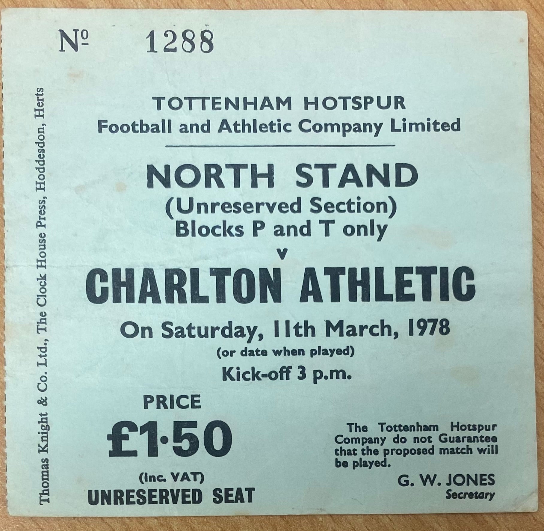 1977/78 ORIGINAL DIVISION TWO TICKET TOTTENHAM HOTSPUR V CHARLTON ATHLETIC