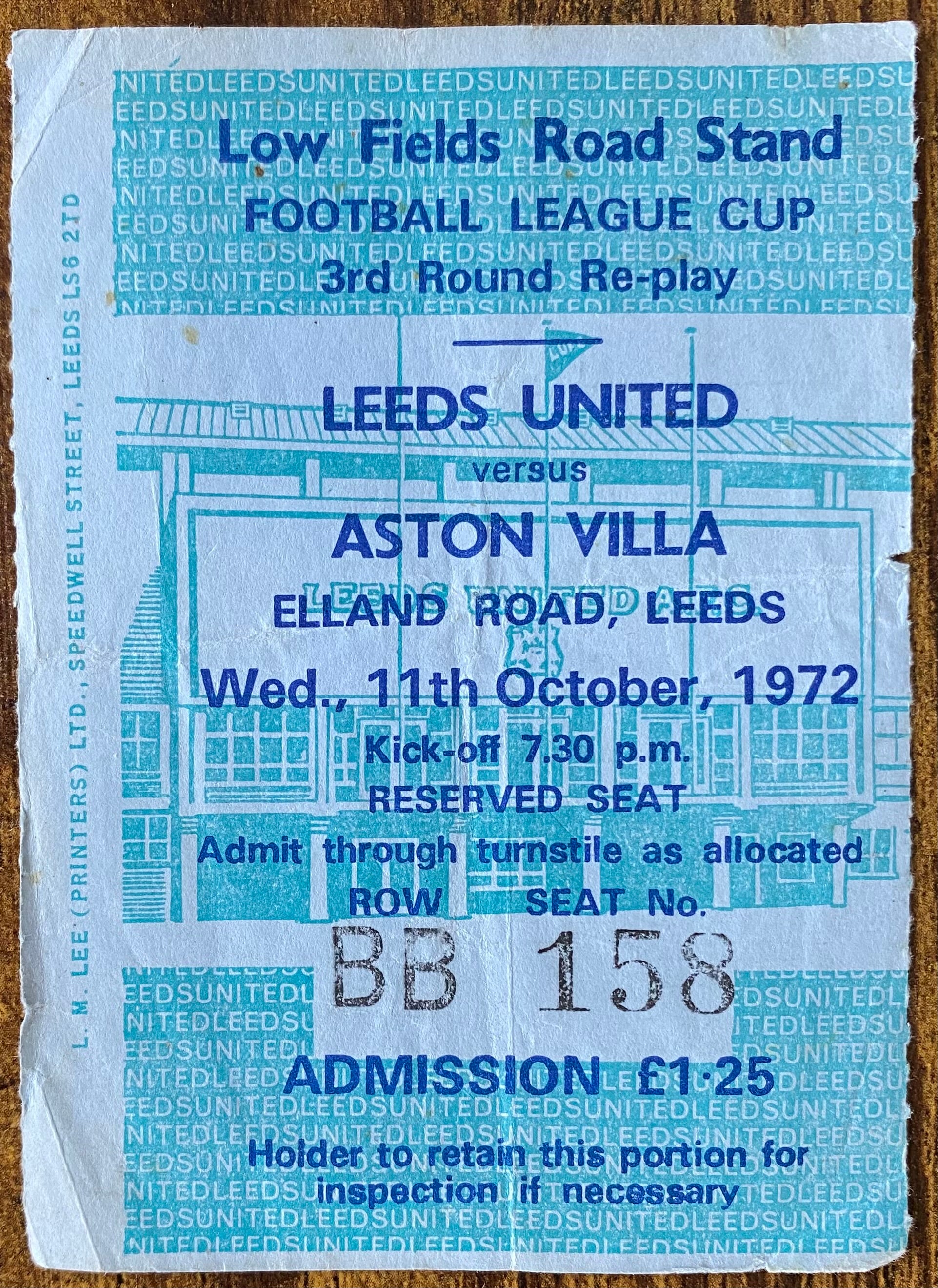 1972/73 ORIGINAL LEAGUE CUP 3RD ROUND REPLAY TICKET LEEDS UNITED V ASTON VILLA
