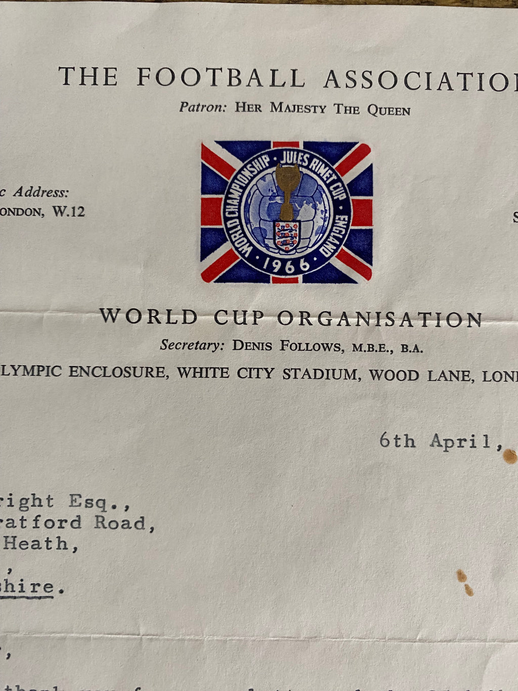 1966 WORLD CUP ORIGINAL OFFICIAL LETTER (WEMBLEY TICKET SALES) APR 1966