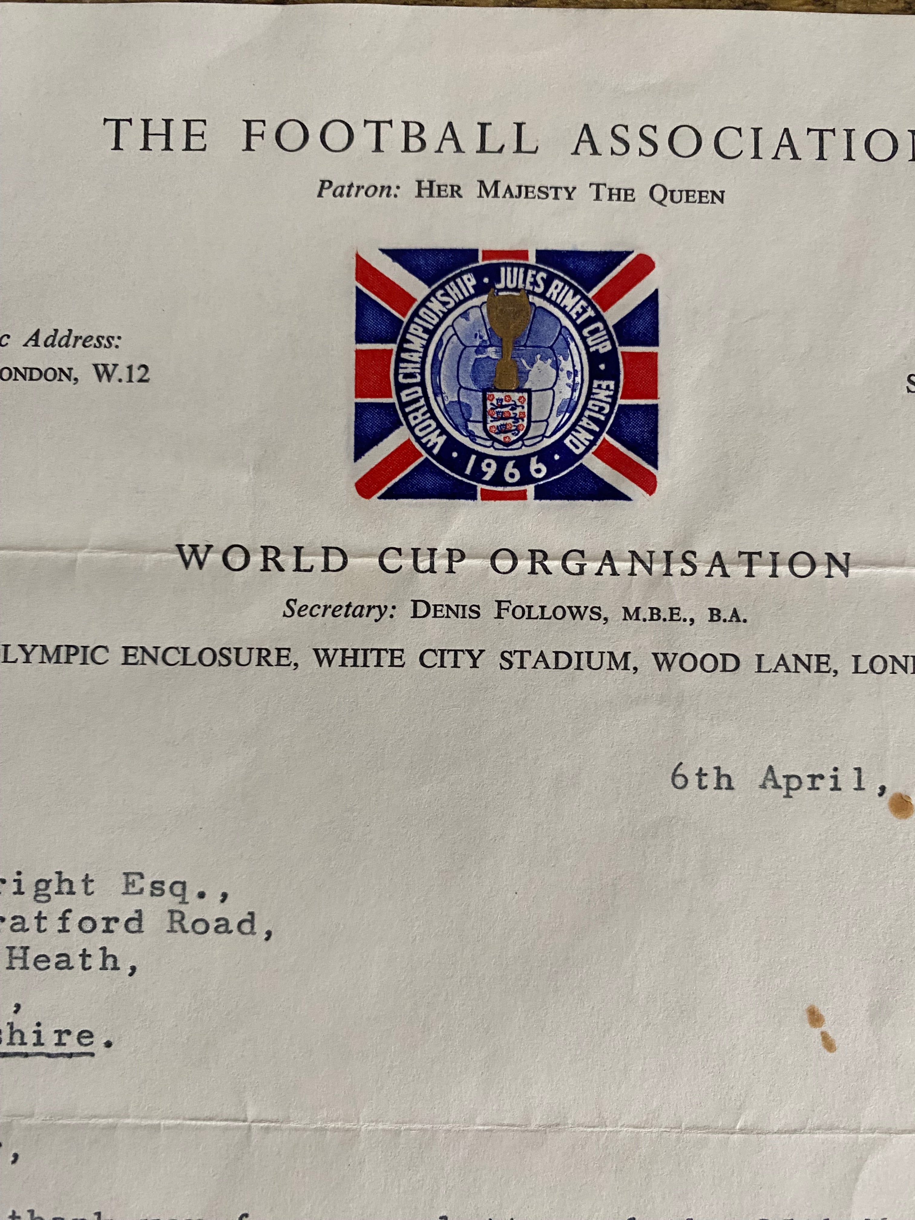 1966 WORLD CUP ORIGINAL OFFICIAL LETTER (WEMBLEY TICKET SALES) APR 1966