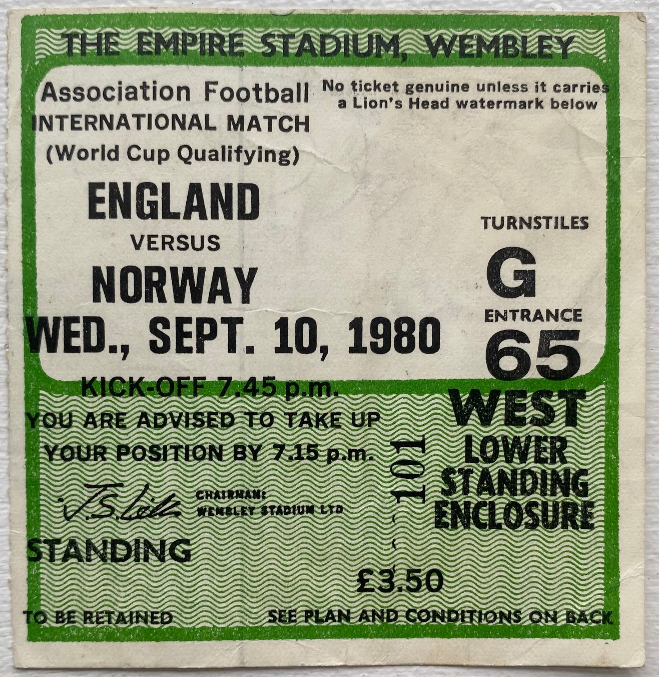1980 ORIGINAL WORLD CUP QUALIFYING TICKET ENGLAND V NORWAY