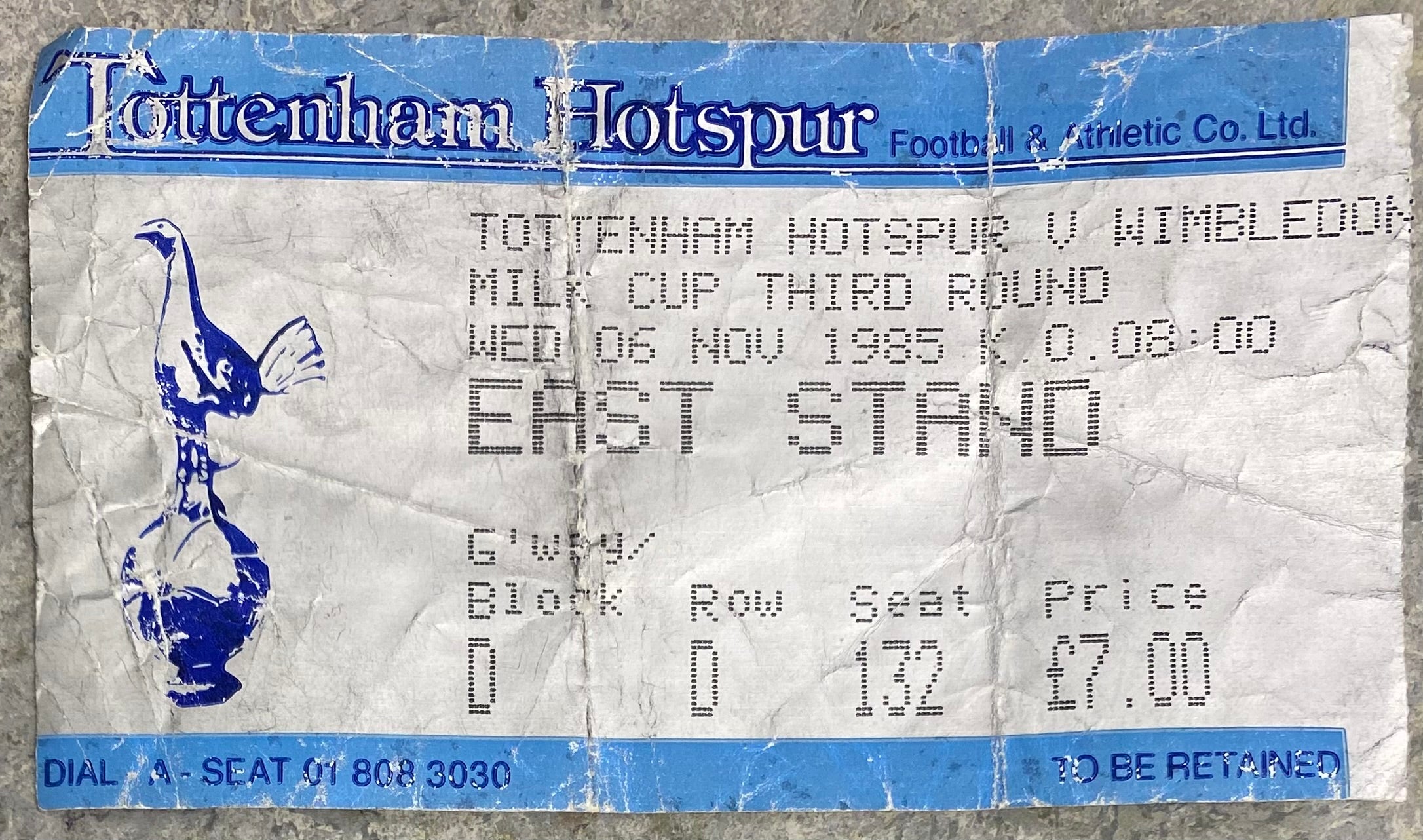 1985/86 ORIGINAL MILK CUP 3RD ROUND TICKET TOTTENHAM HOTSPUR V WIMBLEDON