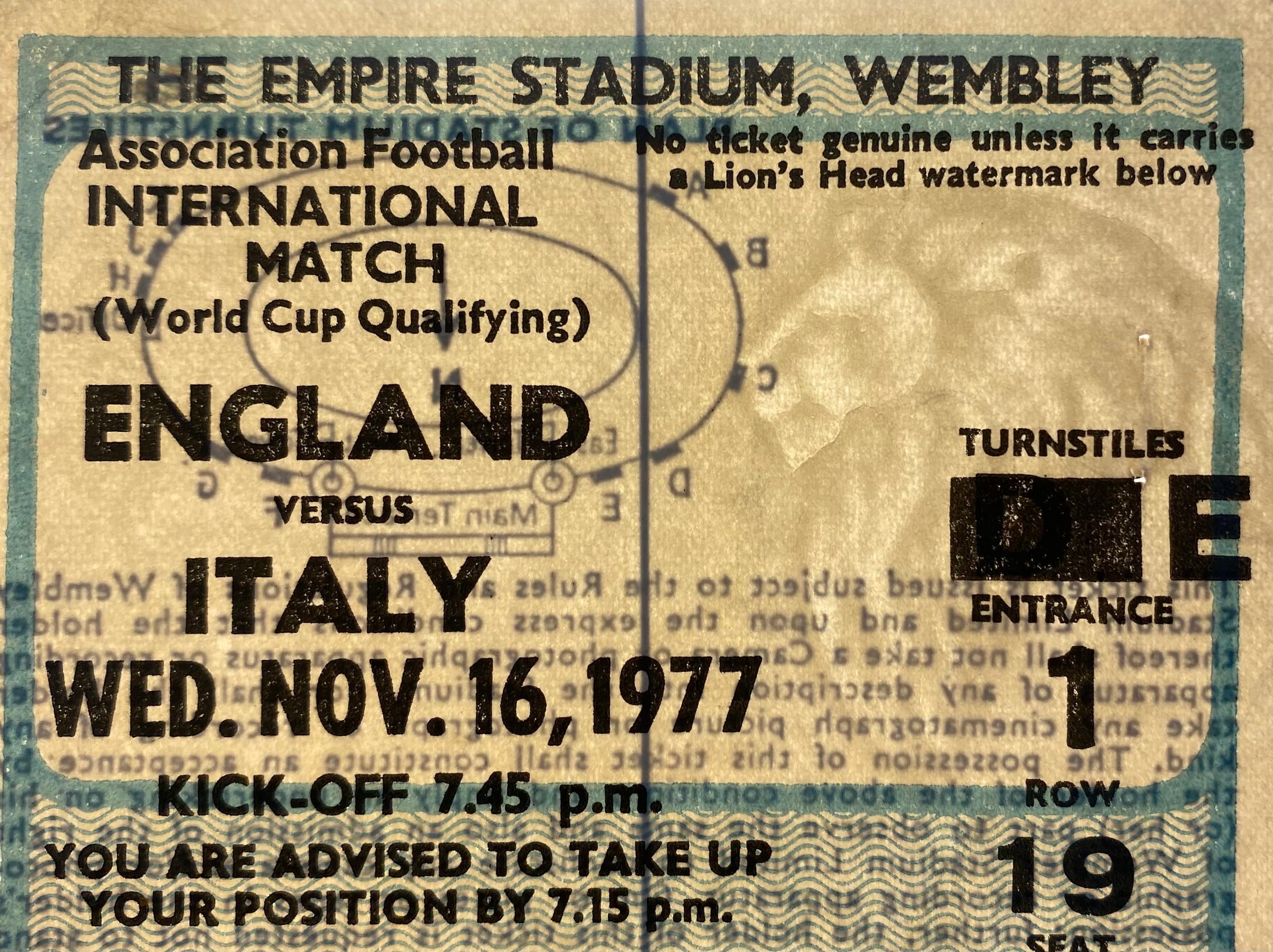 1977 ORIGINAL WORLD CUP QUALIFYING TICKET ENGLAND V ITALY