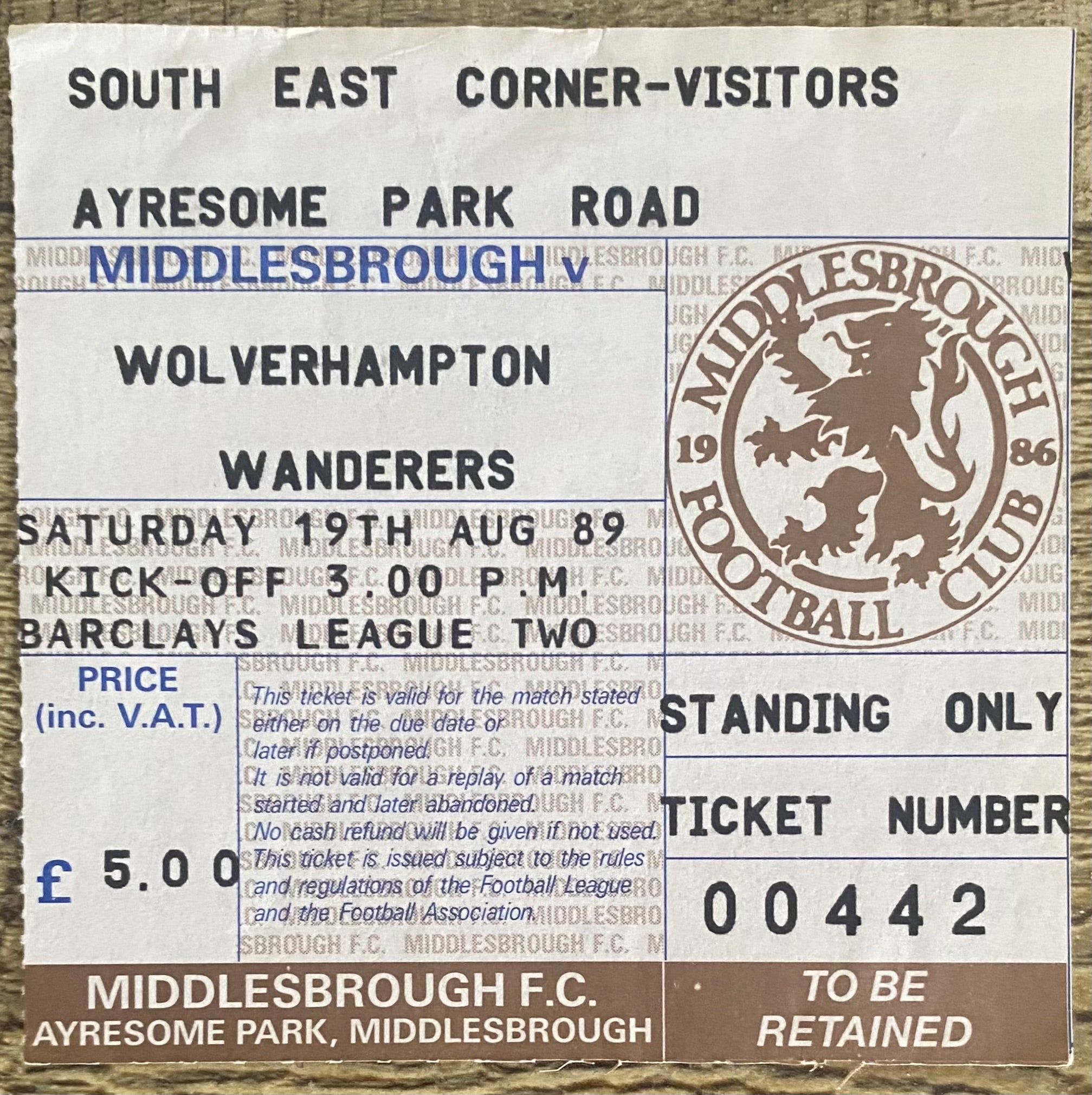1989/90 ORIGINAL DIVISION 2 TICKET MIDDLESBROUGH V WOLVERHAMPTON WANDERERS