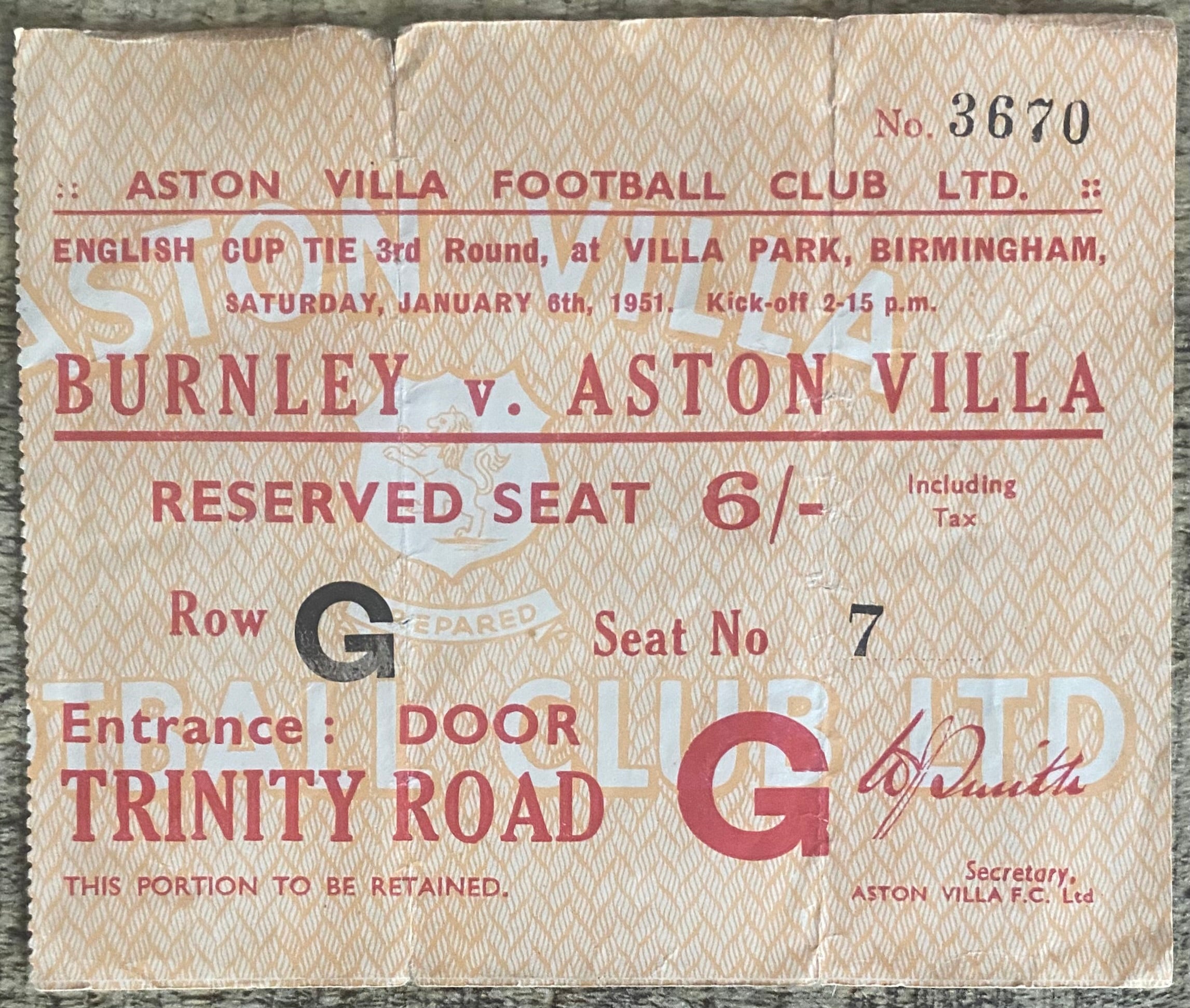 1950/51 ORIGINAL FA CUP 3RD ROUND TICKET ASTON VILLA V BURNLEY