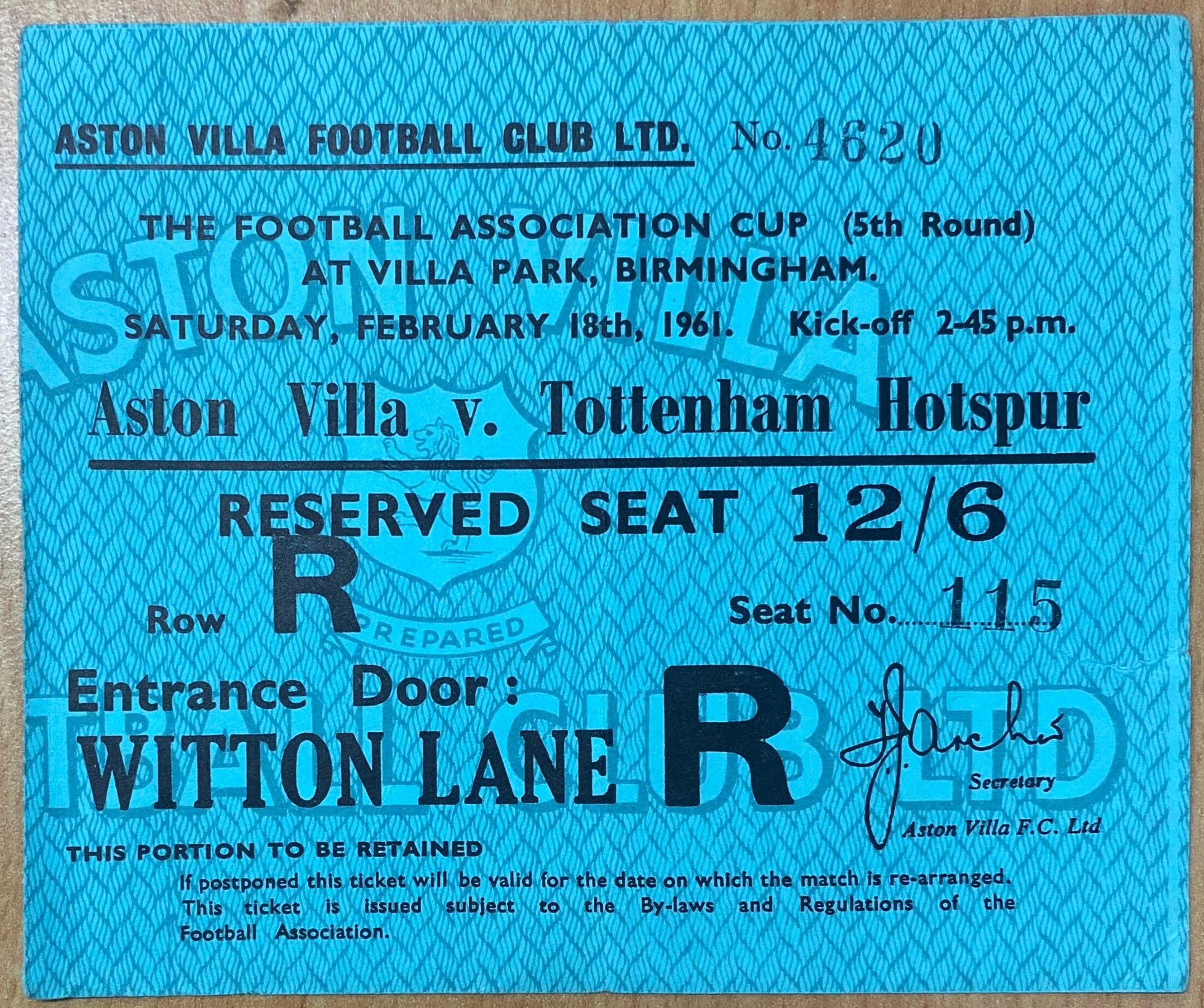 1960/61 ORIGINAL FA CUP 5TH ROUND TICKET ASTON VILLA V TOTTENHAM HOTSPUR