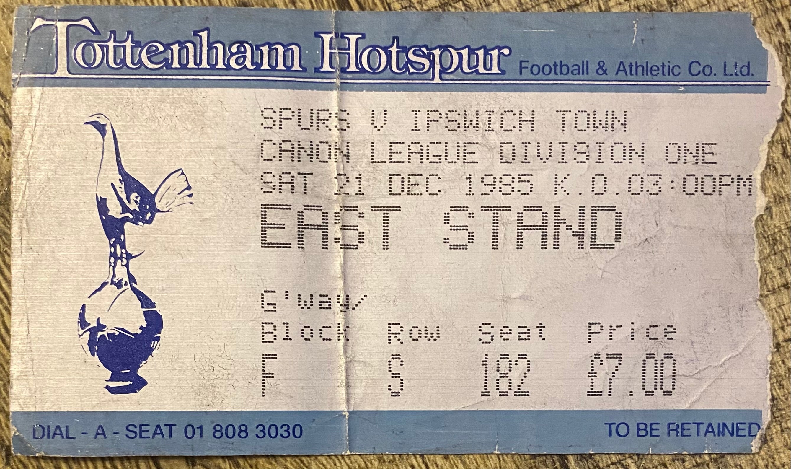 1985/86 ORIGINAL DIVISION 1 TICKET TOTTENHAM HOTSPUR V IPSWICH TOWN